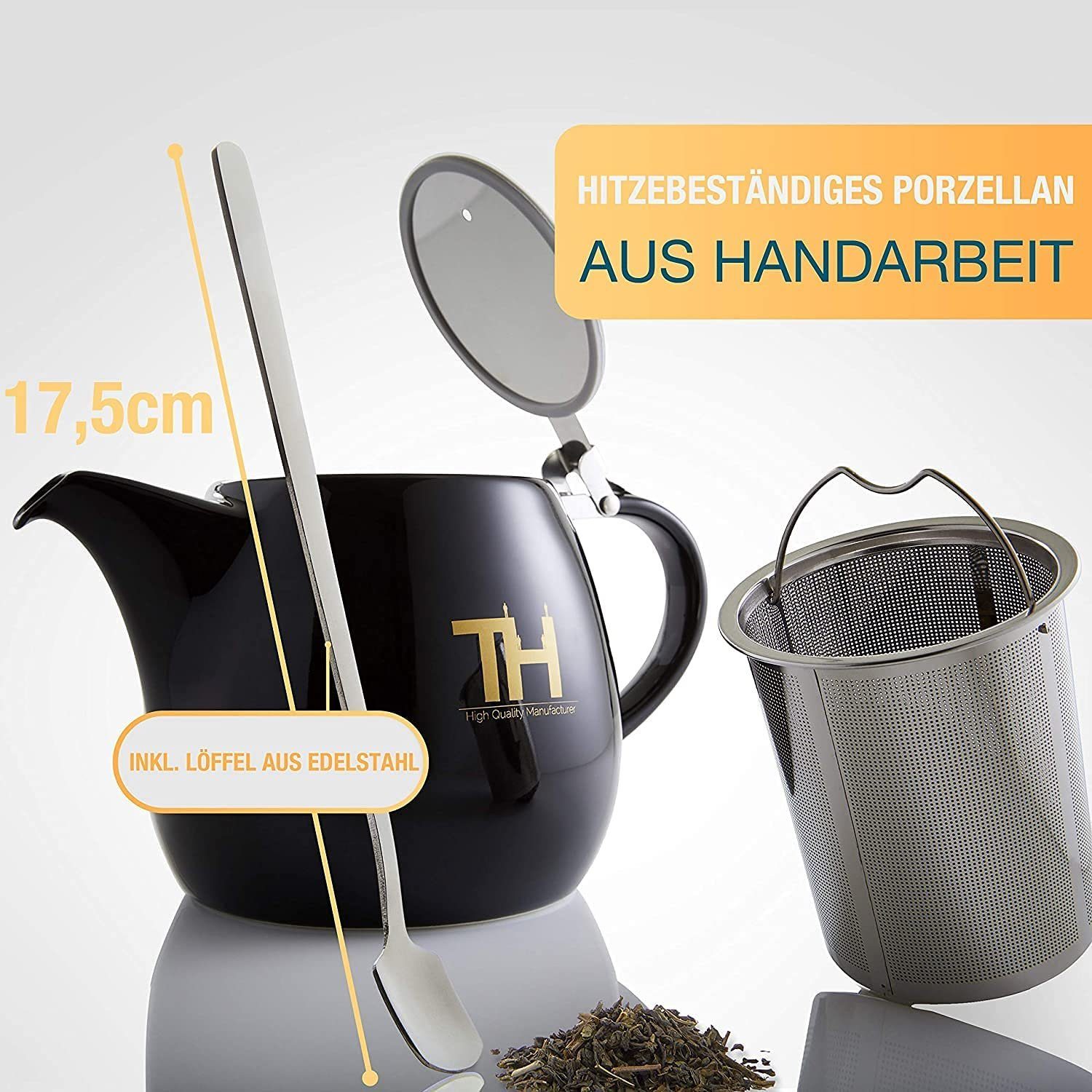 Thiru Teekanne mit Stövchen Porzellan, inkl. Edelstahl Siebeinsatz, 1.2 l, (Hitzebeständiges Porzellan aus Handarbeit), Innovative Mundform für leichtes Aussche – Bild 5 von 5