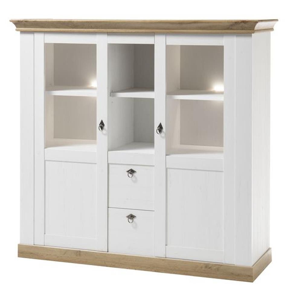 Lomadox Highboard LINARES-61, Pinie weiß / Wotan Eiche Nb. inkl. LED 148/139/44 cm