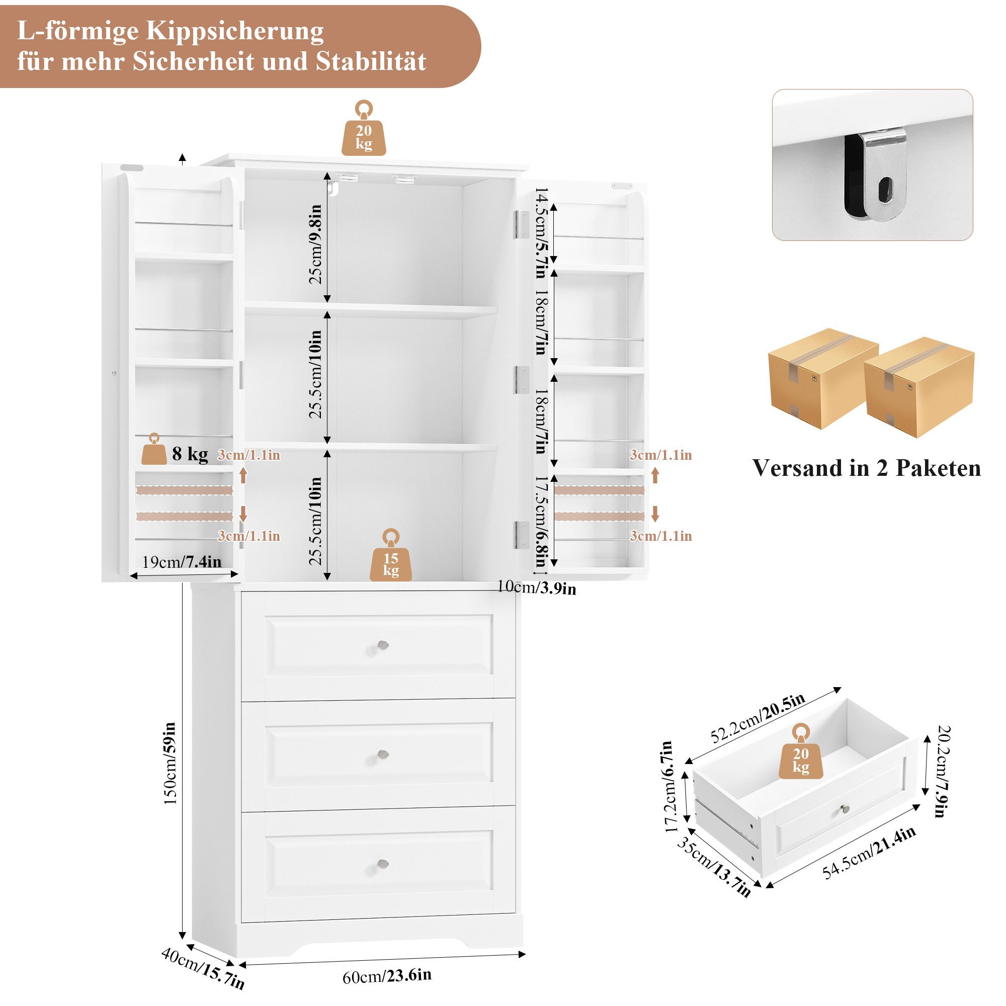 Homfa Mehrzweckschrank Küchenschrank Vorratsschrank Buffetschrank Speiseschrank mit 8 Türregalen, 2 Schubladen, 60x40x150cm
