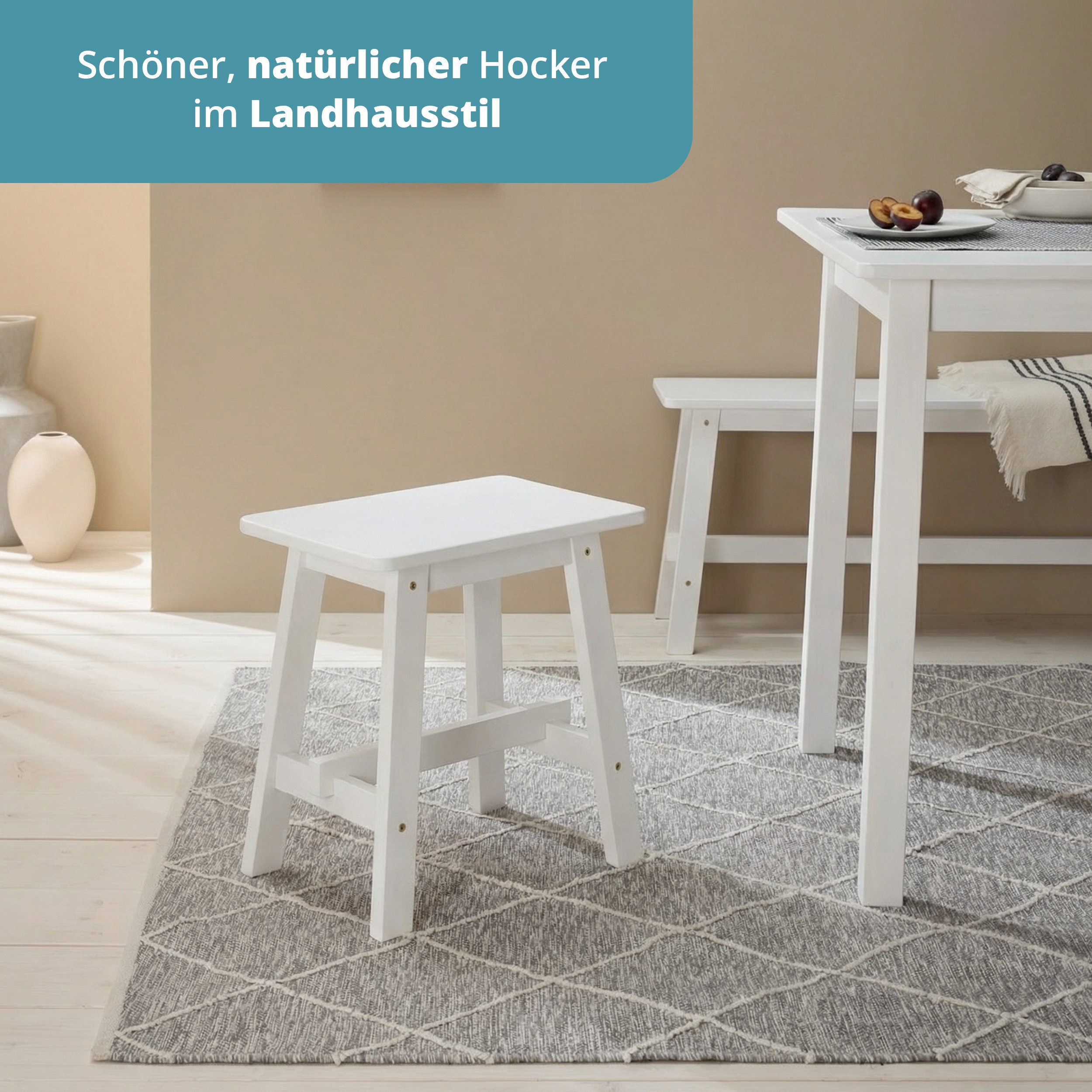 KHG Hocker Dekohocker Weiß für eine Person, Skandi Look, bis 200 kg belastbar, lackiert, pflegeleicht, Massivholzgestell