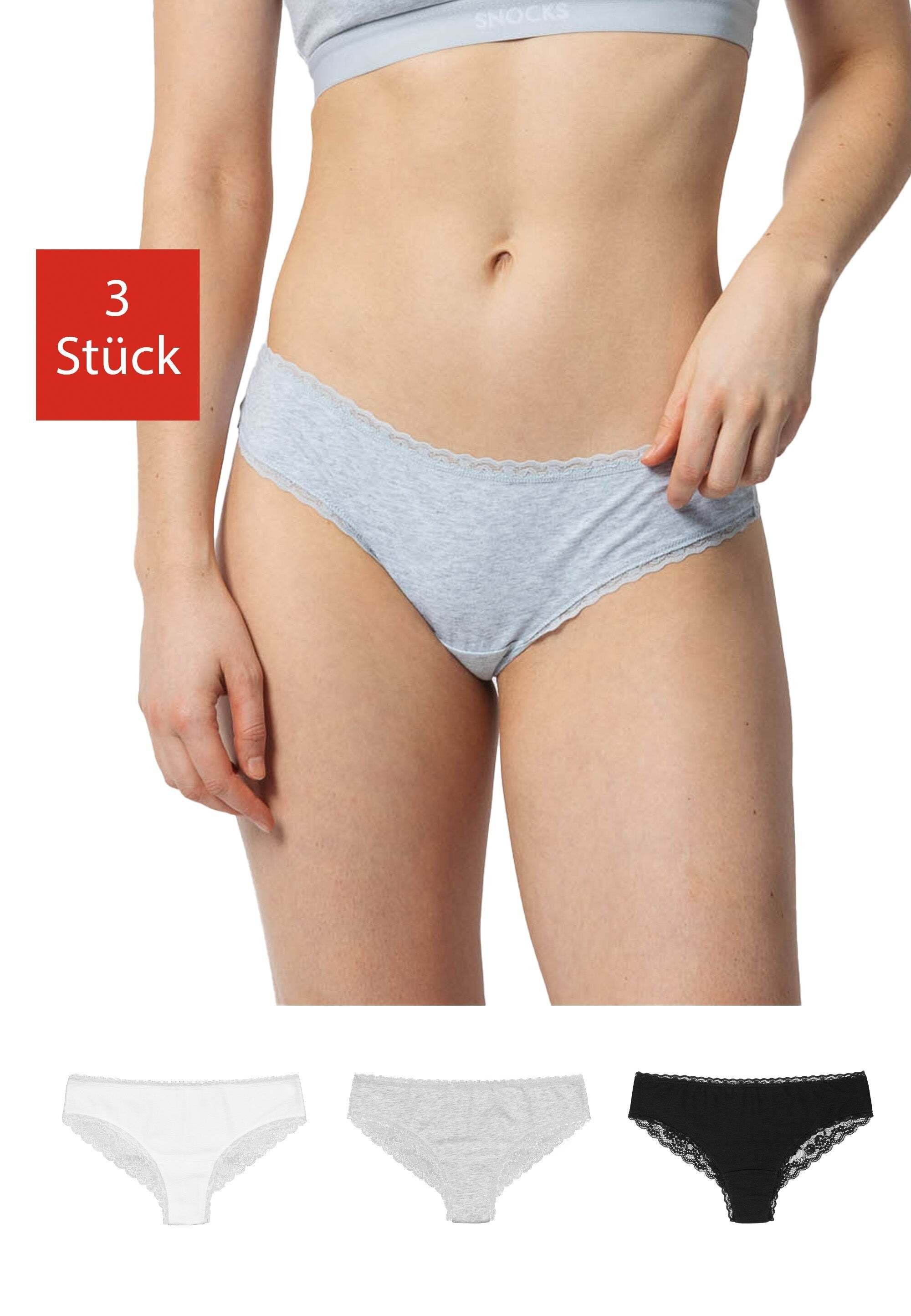 SNOCKS Brasilslip Unterwäsche Damen Brazilian Slip Unterhosen (3-St) aus Bio-Baumwolle mit Spitze, bequem und elegant Mix (Weiß/Hellgrau/Schwarz)