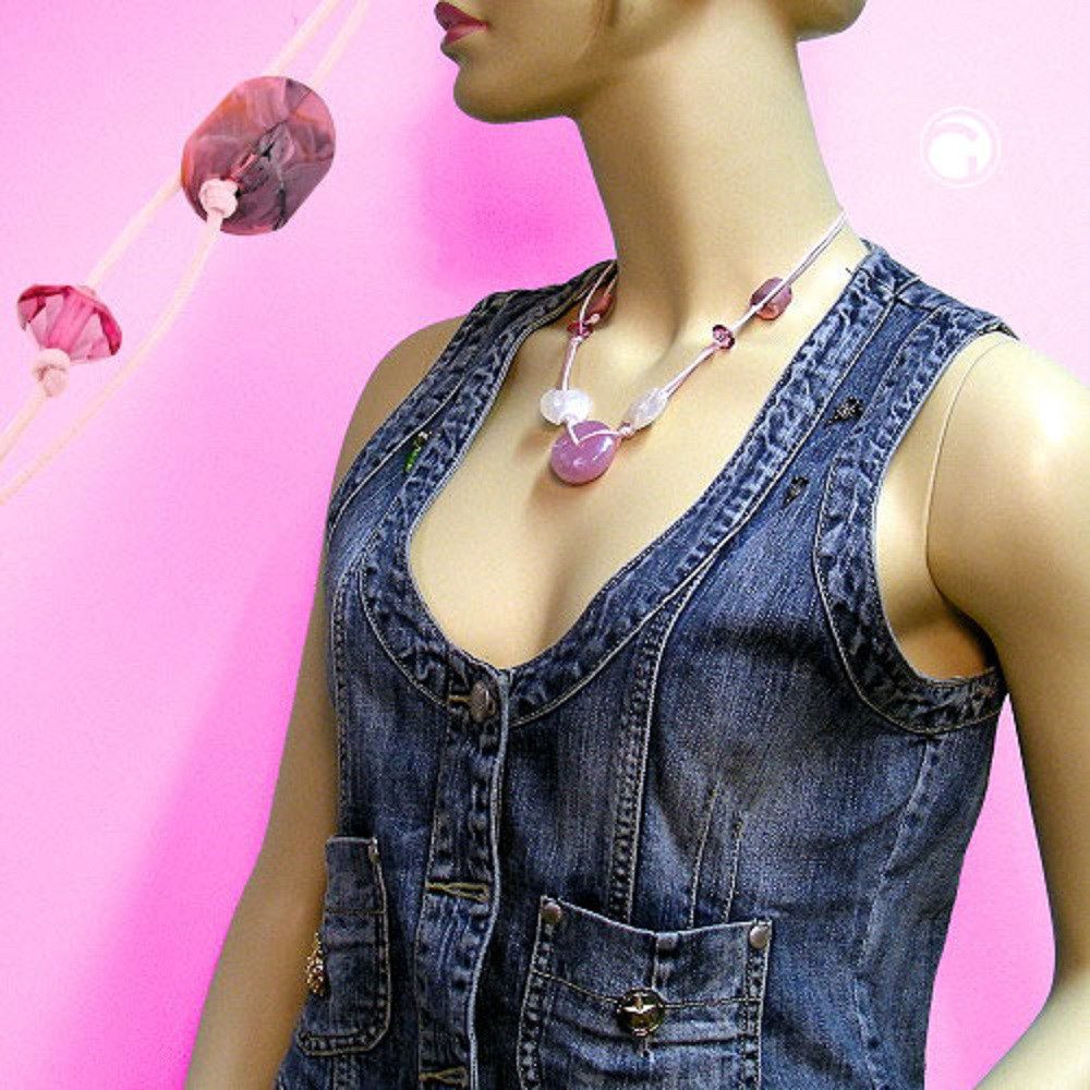 unbespielt Collier Kette Kunststoff-Perlen Scheibe rosa-seidig weiß Kordel günstig online kaufen