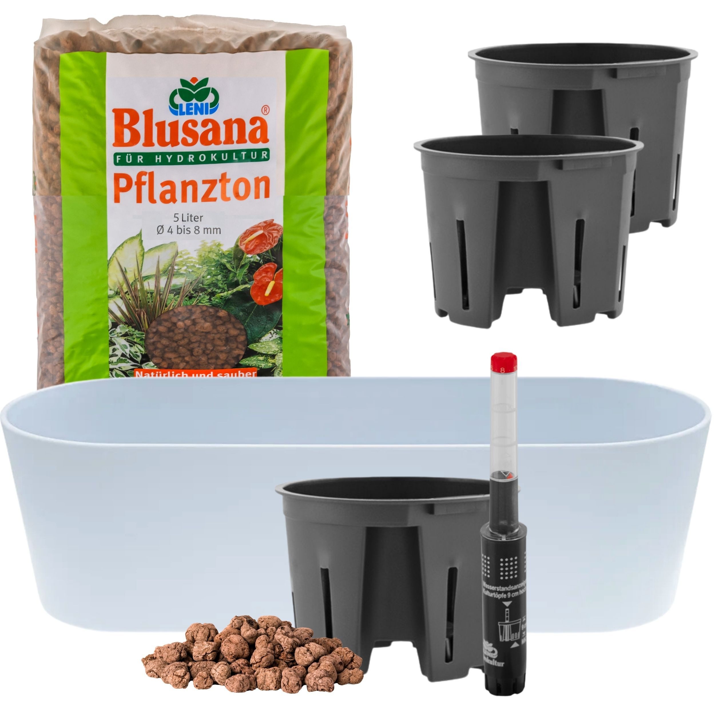 LENI Jardiniere Blumentopf länglich Pflanzkasten 36 cm lang Kräuter & Zimmerpflanzen (Komplettes Starter Set Selbstbewässerungstopf, mit 3 x Kulturtopf, 1 x Wasserstandsanzeiger, 5l Pflanzton), Übertopf ohne Loch für Hydrokultur & Erde, perfekt als Kräuter-Topf