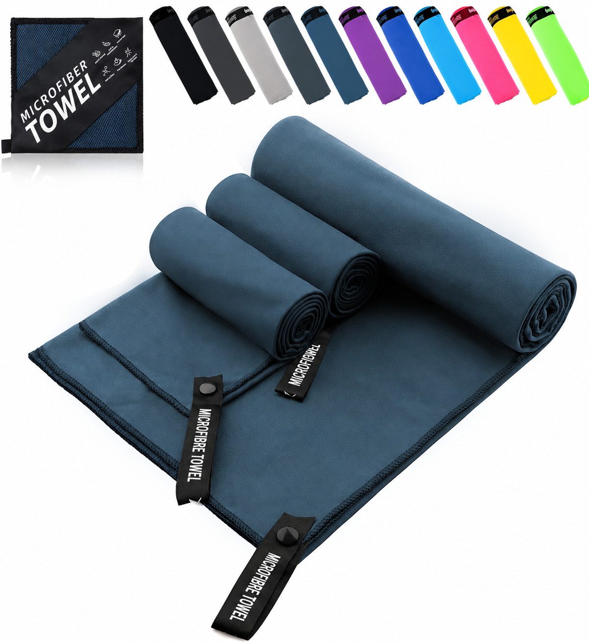 Fyrove Sporthandtuch Mikrofaser Handtuch 3er Set, schnelltrocknend, für Sport & Reise, (40 × 40 cm, 40 × 80 cm & 76 × 152 cm, Microfaser Sporthandtuch, Badetuch, Fitness Handtücher & Strandtuch, Dunkelblau)