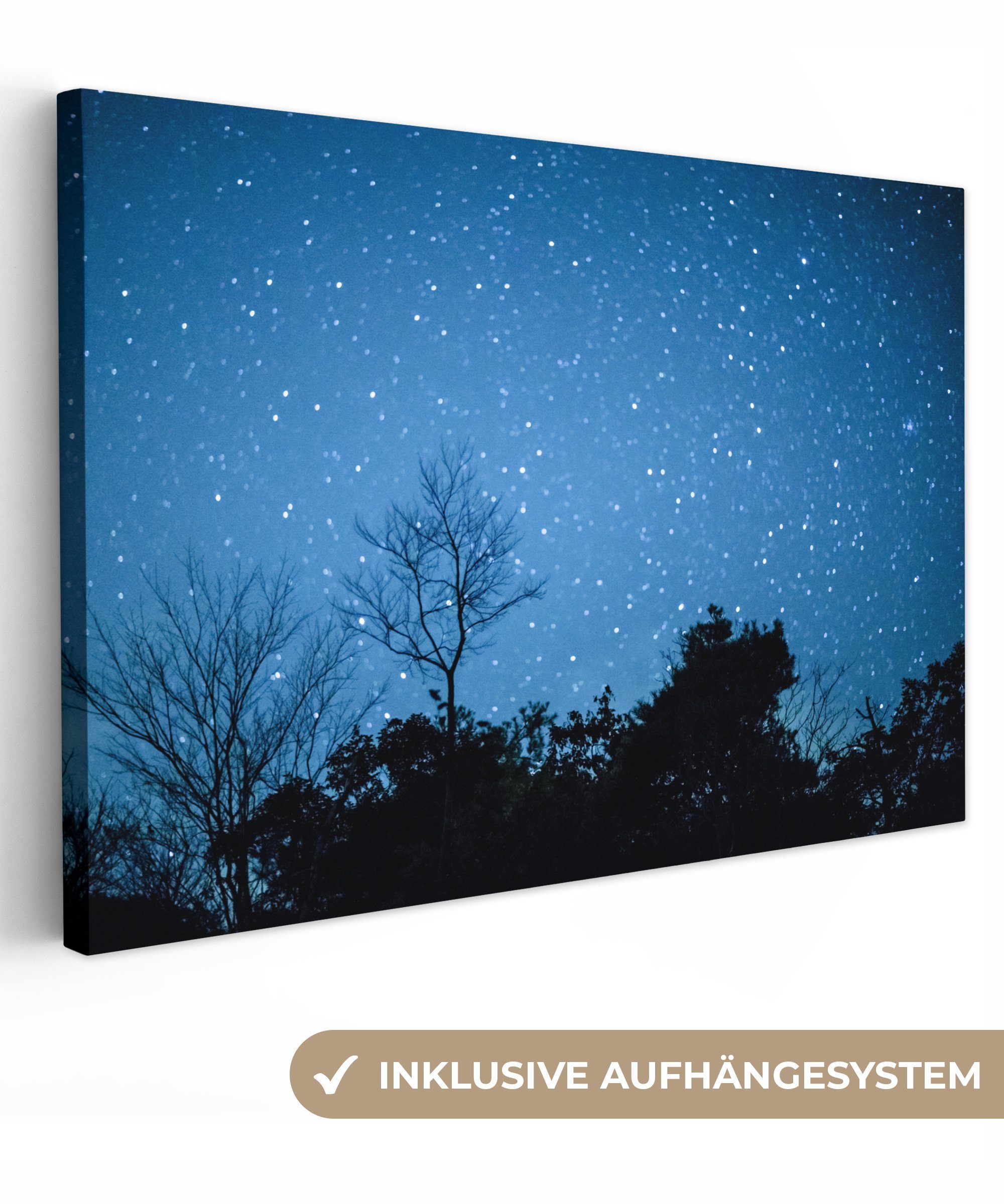 OneMillionCanvasses® Leinwandbild Sternenhimmel - Wald - Blau, (1 St), Wandbild Leinwandbilder, Aufhängefertig, Wanddeko, 30x20 cm