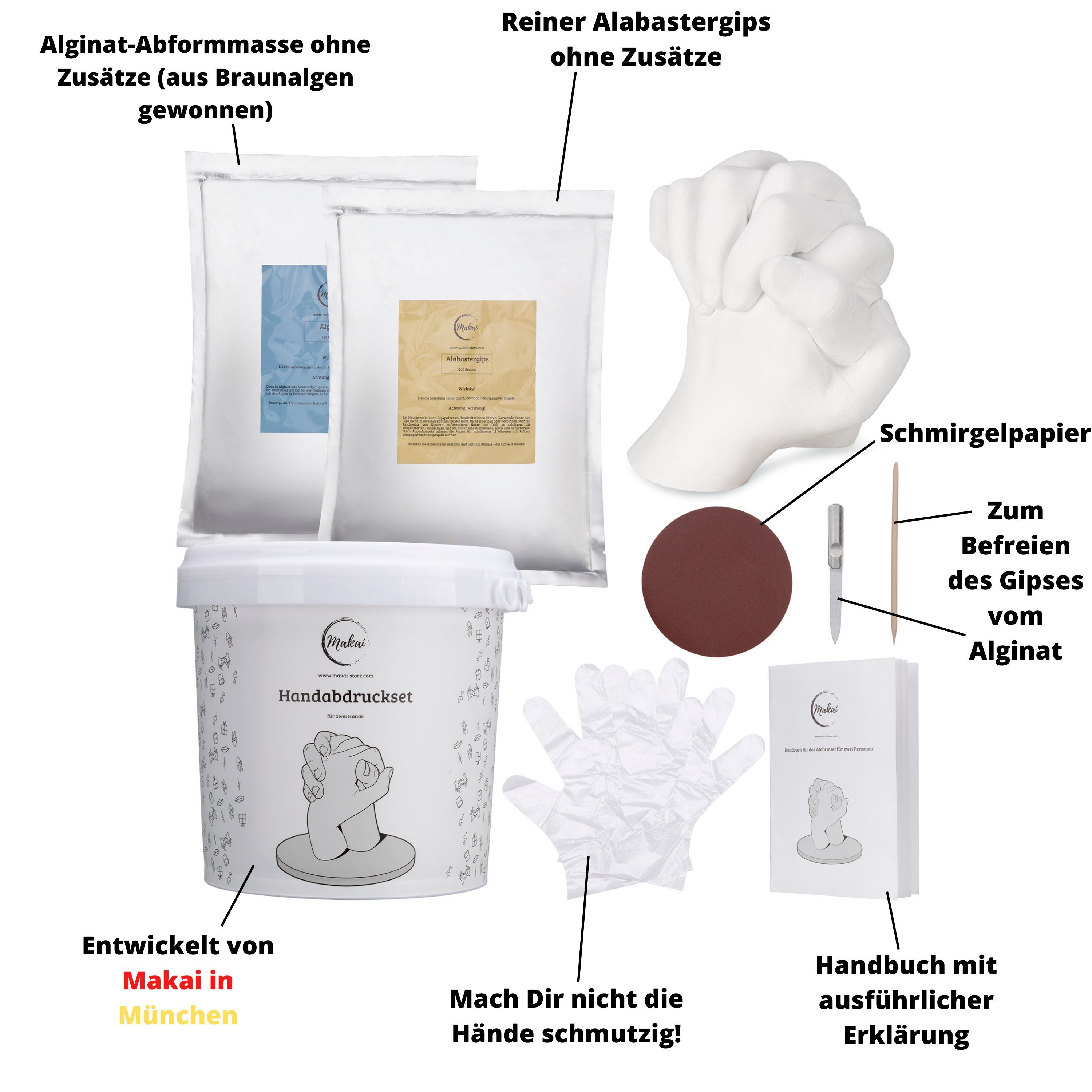 Makai Bastelnaturmaterial Handabformset mit Videoanleitung 3D Abformset Gipsabdruck, (9-tlg), Geschenk für Paare und Familie aus feinstem Alginat und Alabastergips