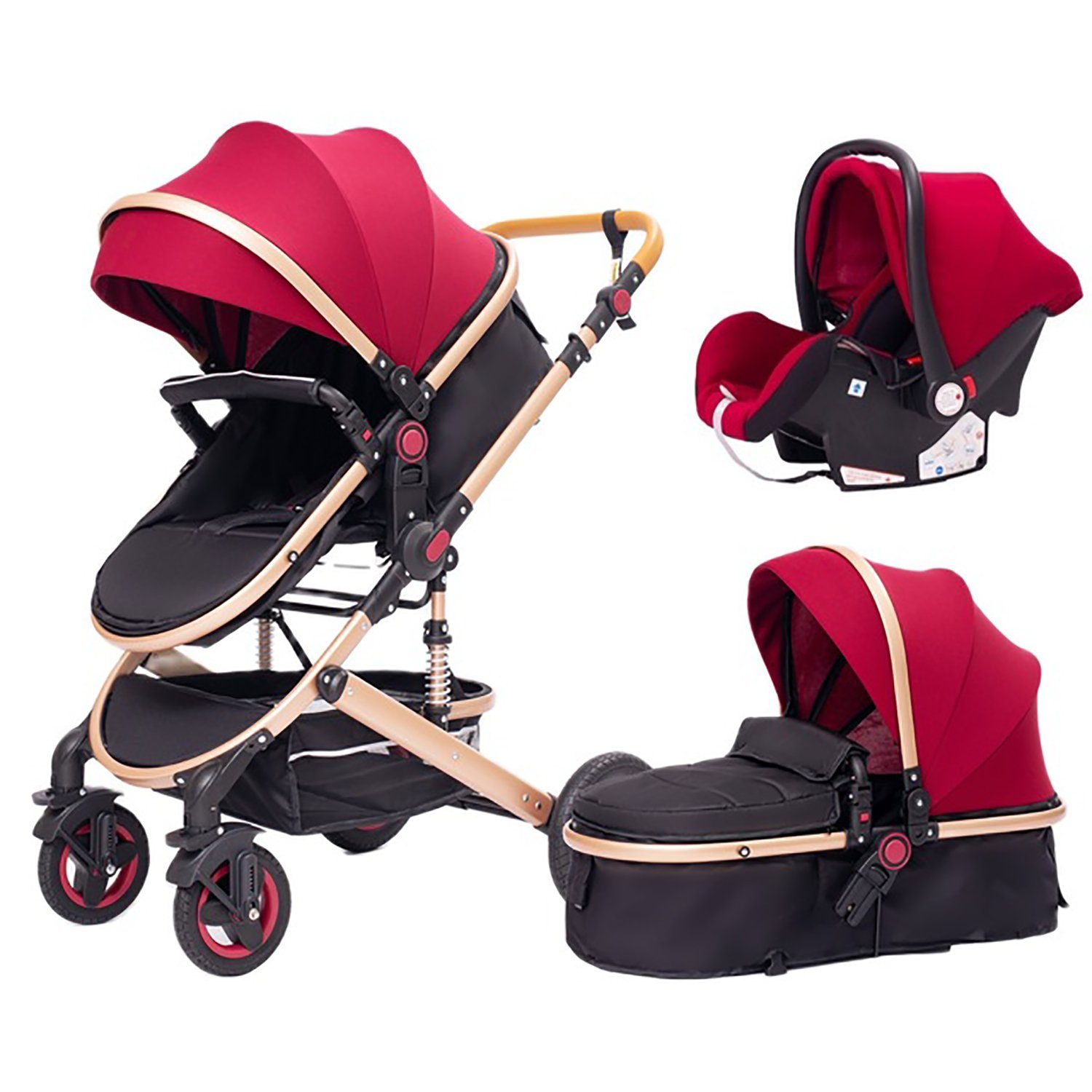 TPFLiving Kombi-Kinderwagen Baby Buggy Babyschale Babywanne 5-Punkt-Sicherheitsgurt Getränkehalter, Sicherheitsschlaufe Kinderwagen 3 in 1 mit Stoßfederung- Rot