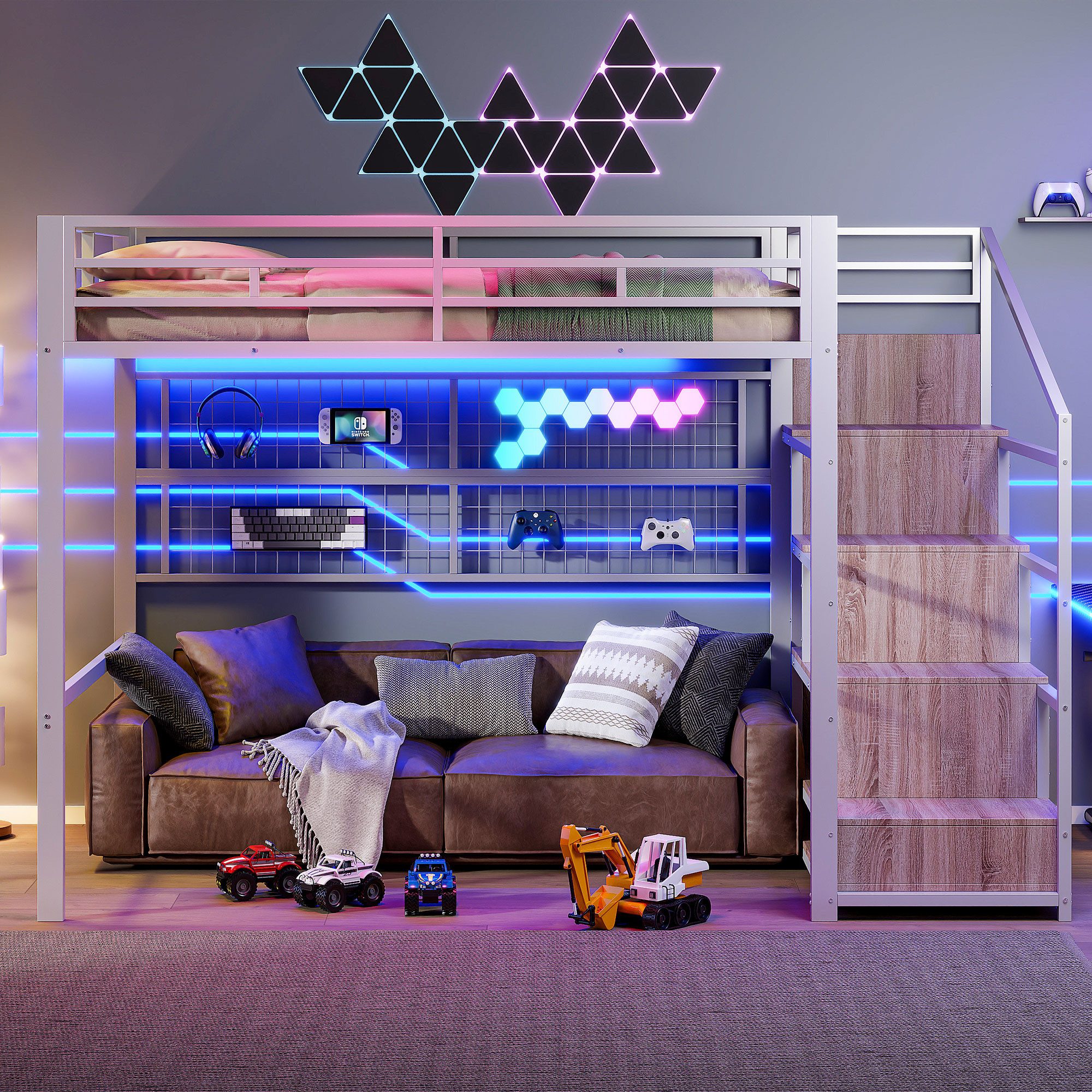 Merax Hochbett 140x200 cm mit LED-Beleuchtung (Doppelbett Jugendbett Kinderbett mit Metallrahmen, 1-St) Metallbett mit Stauraumleiter, Kleiderschrank & hängendem Gitter