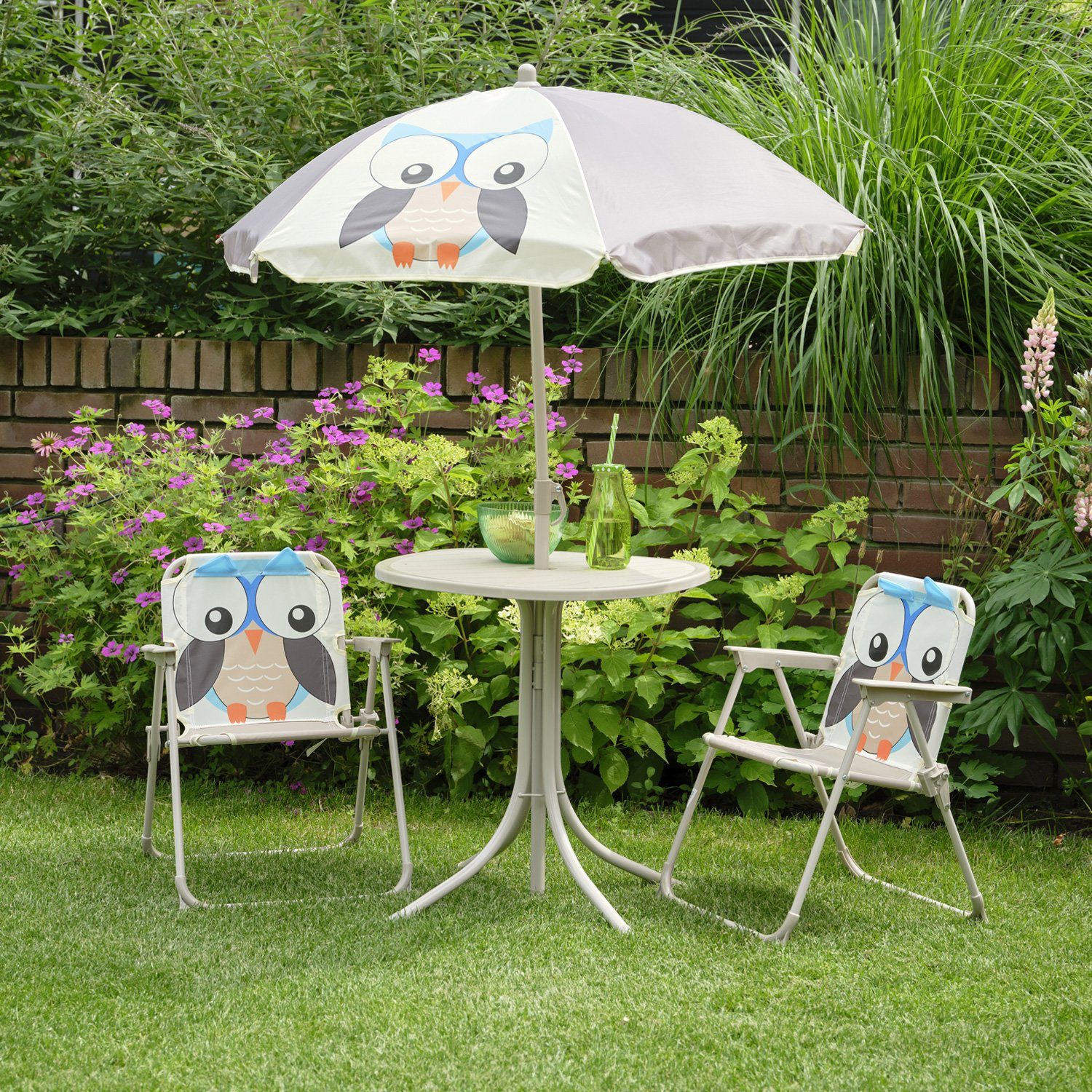 MARELIDA Kindersitzgruppe »Kindersitzgruppe Eule JUDY 2 Stühle Tisch  Sonnenschirm braun weiß Garten 4tlg.«, (4-tlg) online kaufen | OTTO