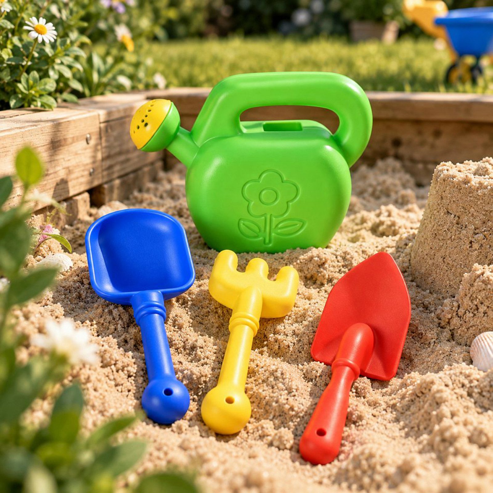 Koopman Kinder-Gartenset Kinder Gartenwerkzeug Spielzeug 4tlg, (Stück, 4-tlg., Packung), Schaufel, Gießkanne, Harke, Kunststoff