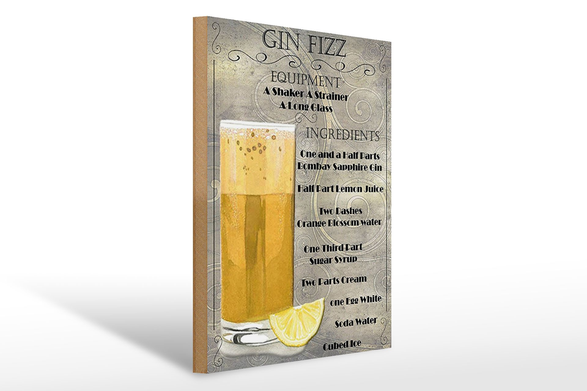 Holzbild 30x40cm Gin Fizz Equipment ingredients