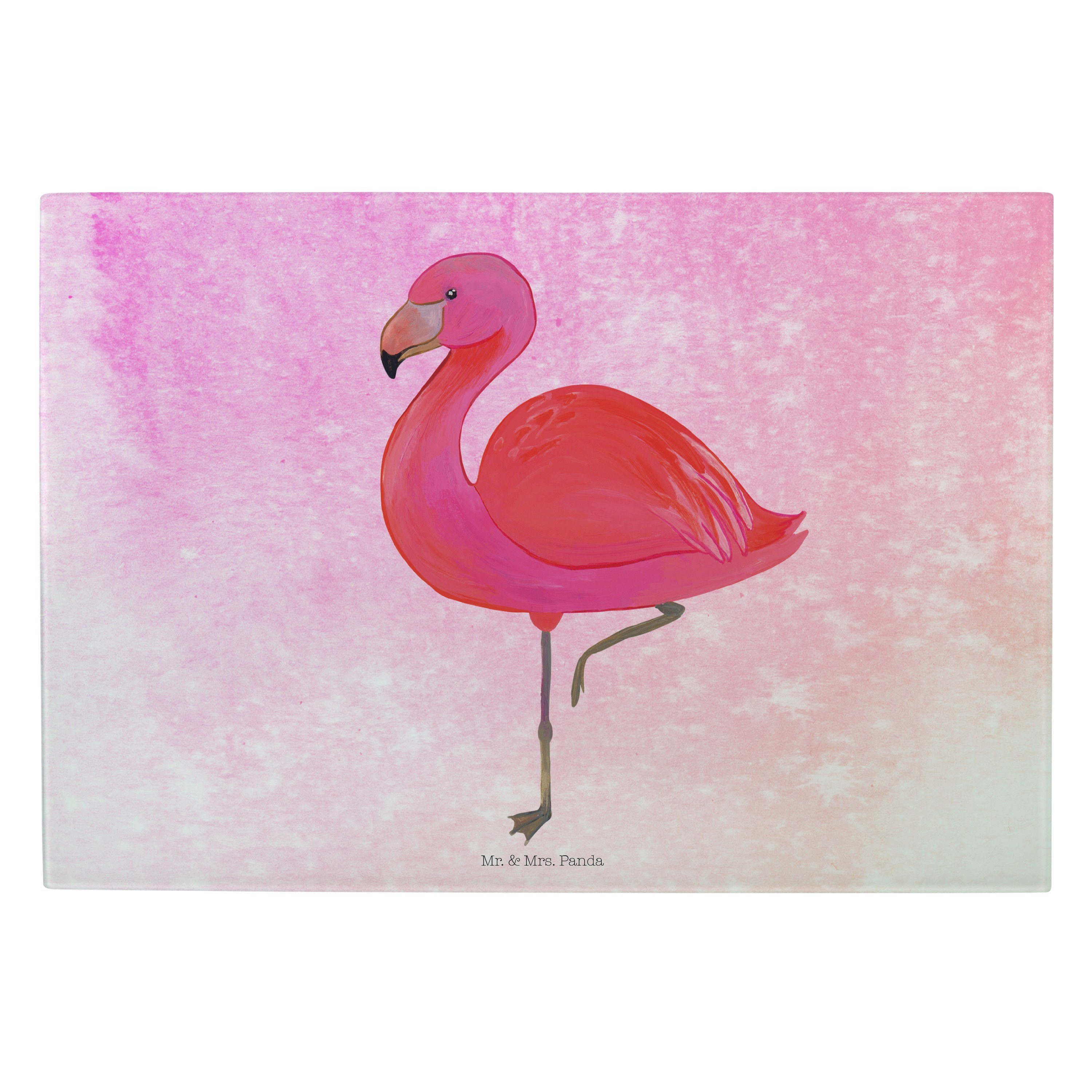 Mr. & Mrs. Panda Servierbrett Flamingo classic - Aquarell Pink - Geschenk, Sohn, Freundinnen, einzi, Premium Glas, (1-St)