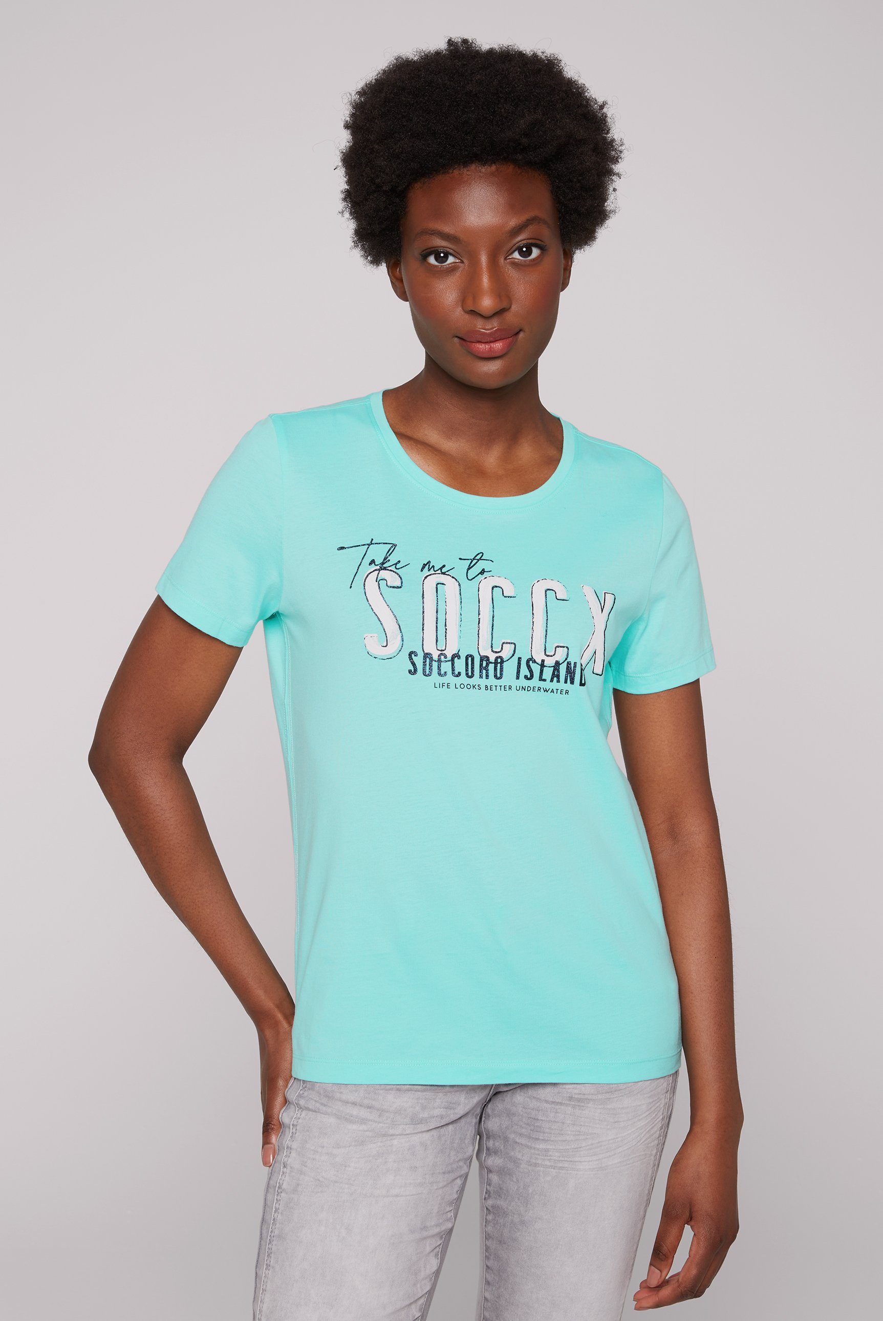 SOCCX Rundhalsshirt aus Baumwolle, Wording Print mit Glitzer-Effekten vorne | T-Shirts