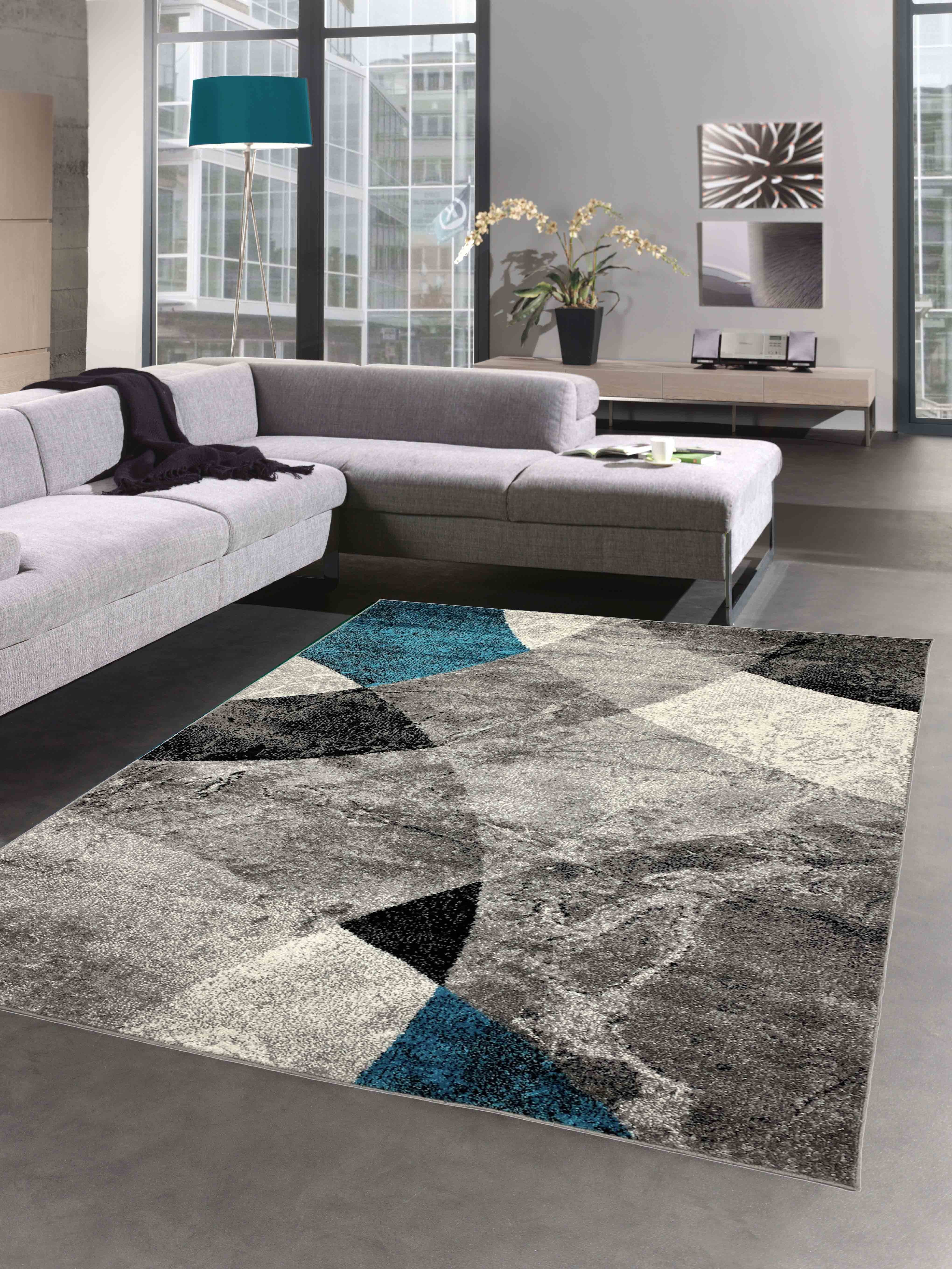 Carpetia Teppich Abstrakter Wohnzimmer Teppich Rauten Design grau blau - pf günstig online kaufen