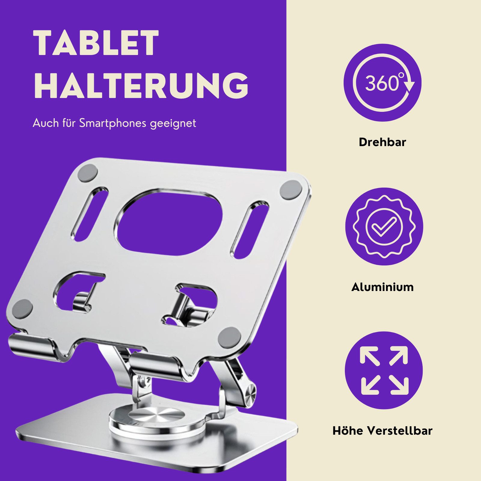 RUHE Tablet-Halterung Aluminium iPad Halterung Tablet Ständer Verstellbar mit 360° Drehbar, (bis 16.5 Zoll, iPad Ständer, Handy Halterung Schreibtisch, Aluminium Ständer Kompatibel mit 4,7-16,5" iPads Surface-Tablets)