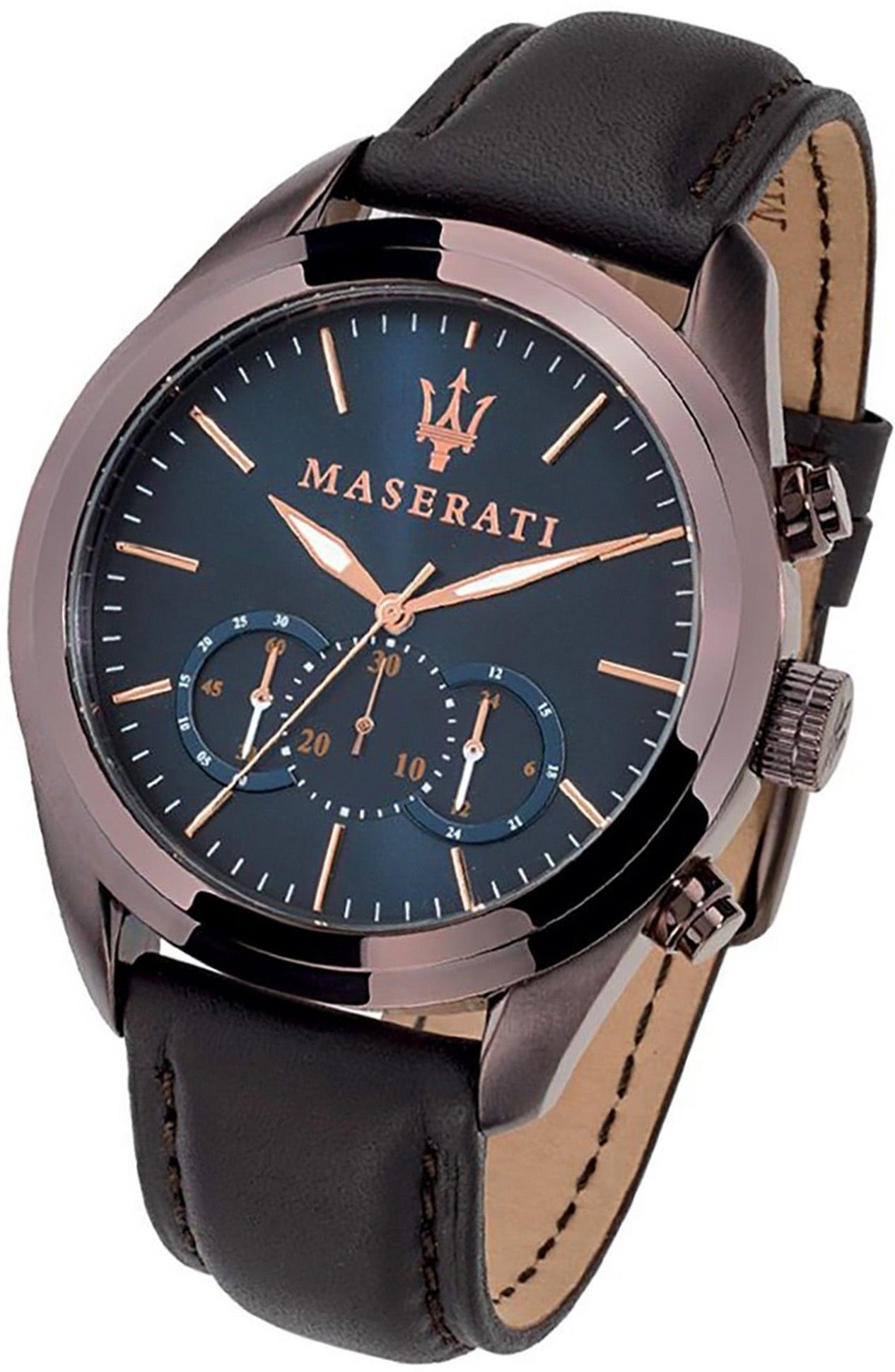 MASERATI Chronograph Maserati Leder Lederarmband, 55x45mm) groß blau Gehäuse, rundes (ca. Armband-Uhr, Herrenuhr