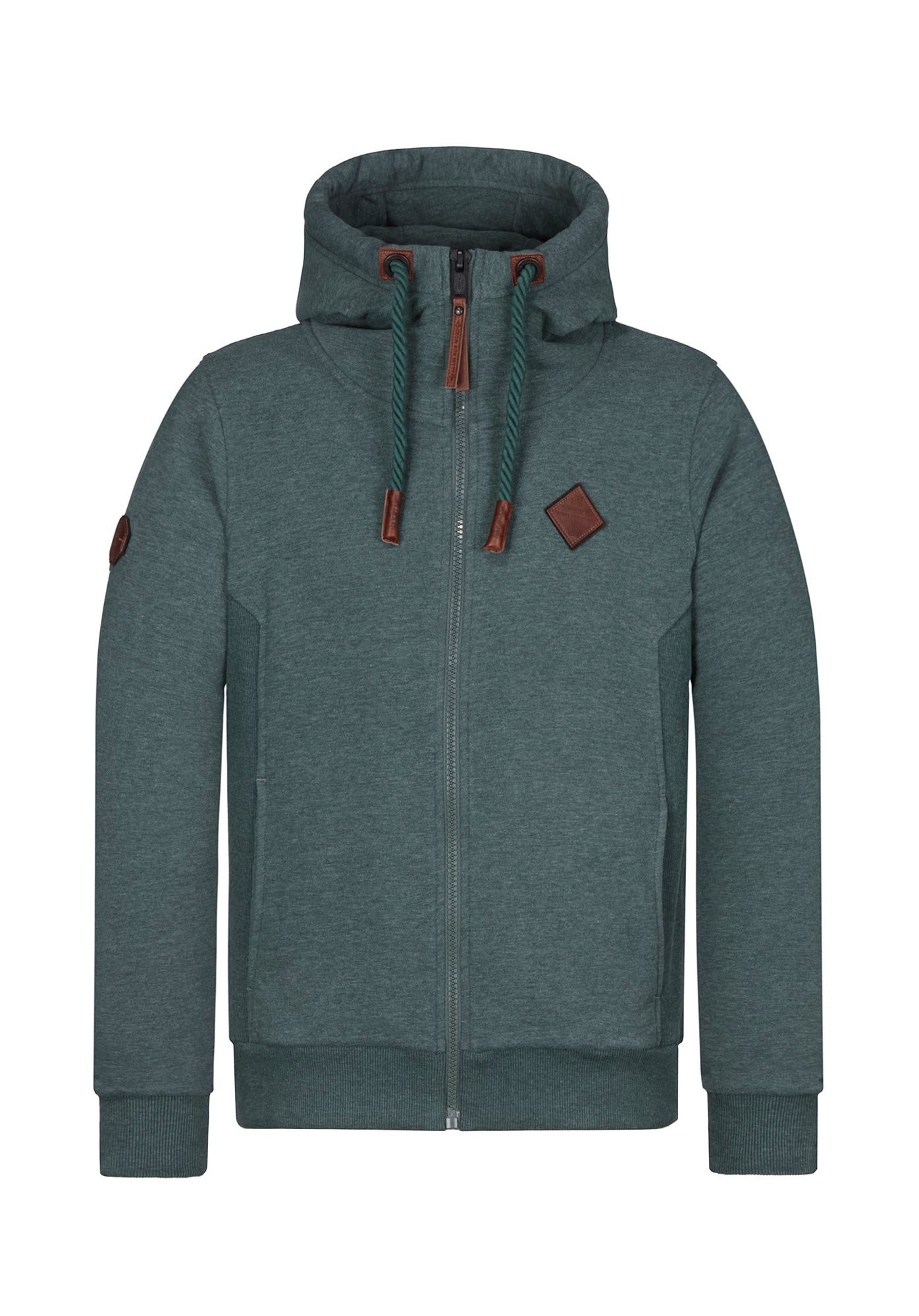 naketano Sweatjacke Herren mit Kapuze, breiter Stehkragen, melierte Sweatware, Kordelzug Eingrifftaschen, Rippbündchen, Kunstleder-Logo, casual, Streetwear