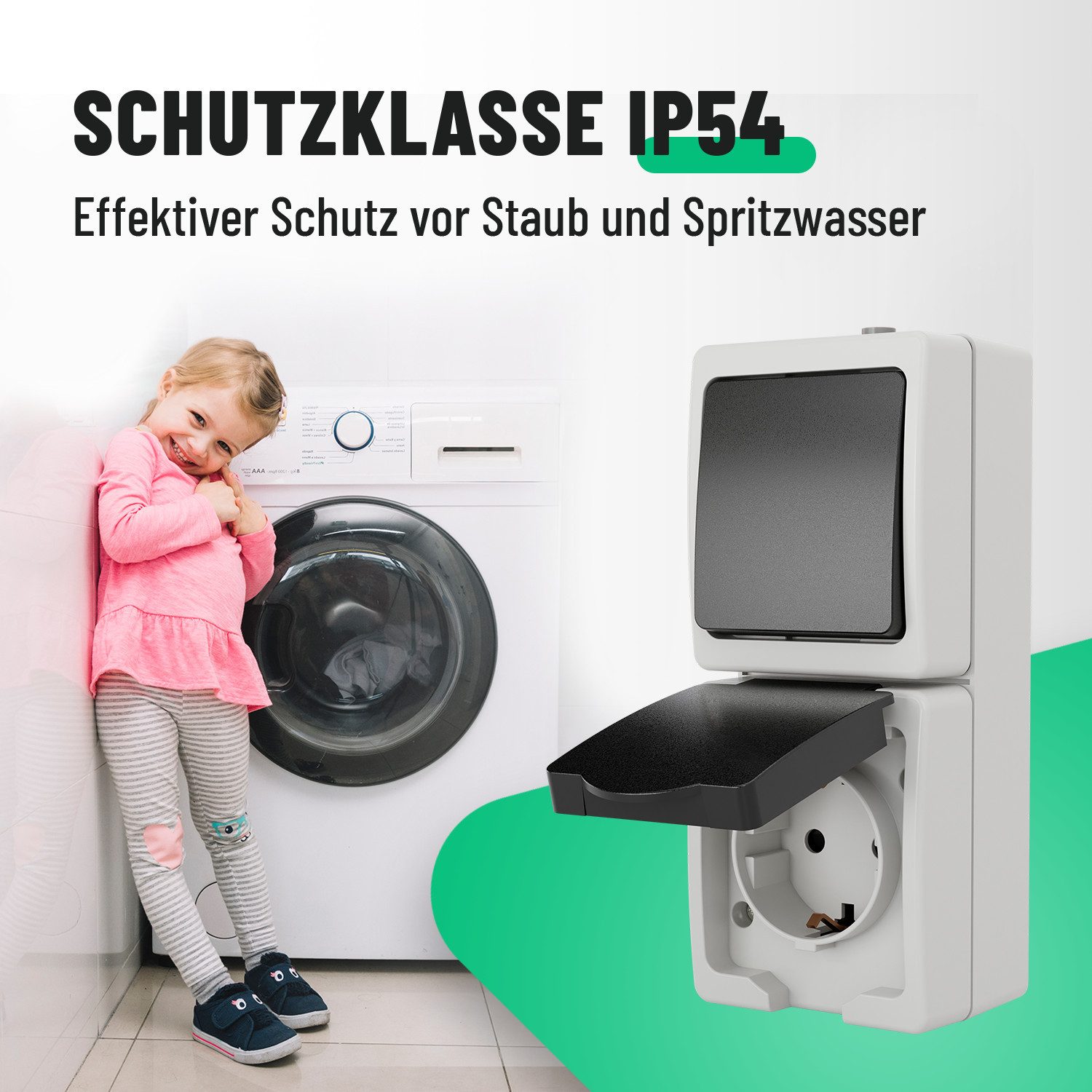 Thumbnail - greate. Lichtschalter Aufputzsteckdose & Aufputzschalter Kombination IP44 für Feuchtraum (1-St)