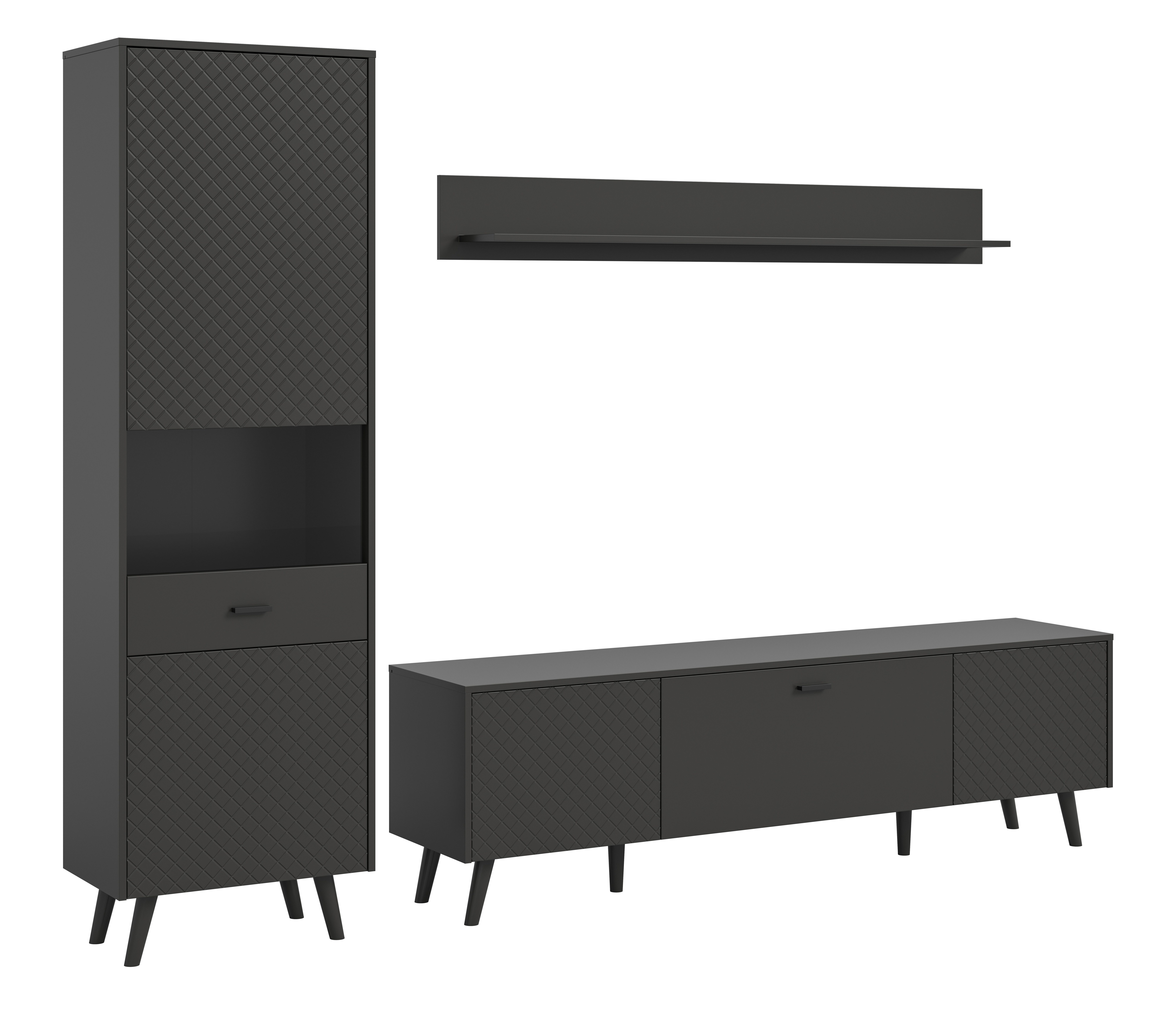 furnling Wohnzimmer-Set Linia, (3-St., bestehend aus Lowboard, Vitrine, Wandboard), Wohnzimmermöbel, Komplett-Set, Breite 258 cm, grau matt
