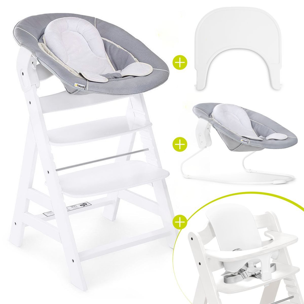 Hauck Hochstuhl Alpha Plus Newborn Set - White, Holz Babystuhl ab Geburt mit Neugeborenenaufsatz, Essbrett & Baby Seat