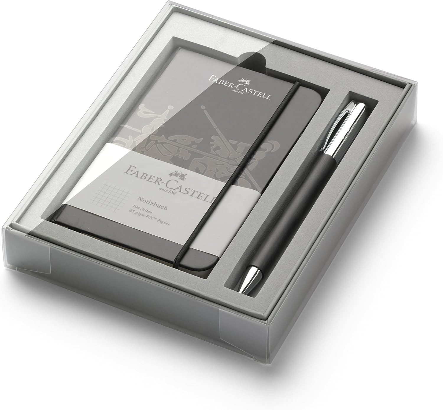 Faber-Castell Kugelschreiber Ambition Geschenkset, Kugelschreiber Großraummine B schwarz und Notizheft