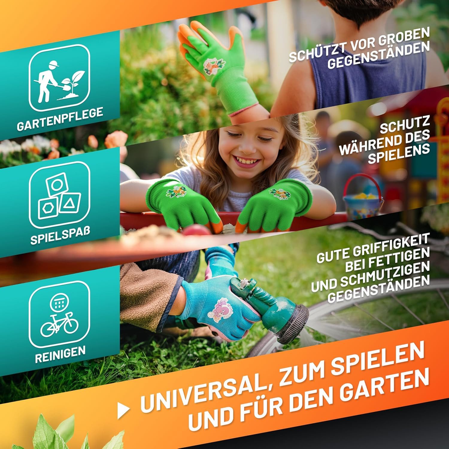 GRÜNTEK Gartenhandschuhe Kinder-Sicherheitsgartenhandschuhe, rutschfeste Latexbeschichtung (Set, 8-St., 4 Paar Größe XXXS / 4) bunt, geprüft und zertifiziert na – Bild 5 von 5