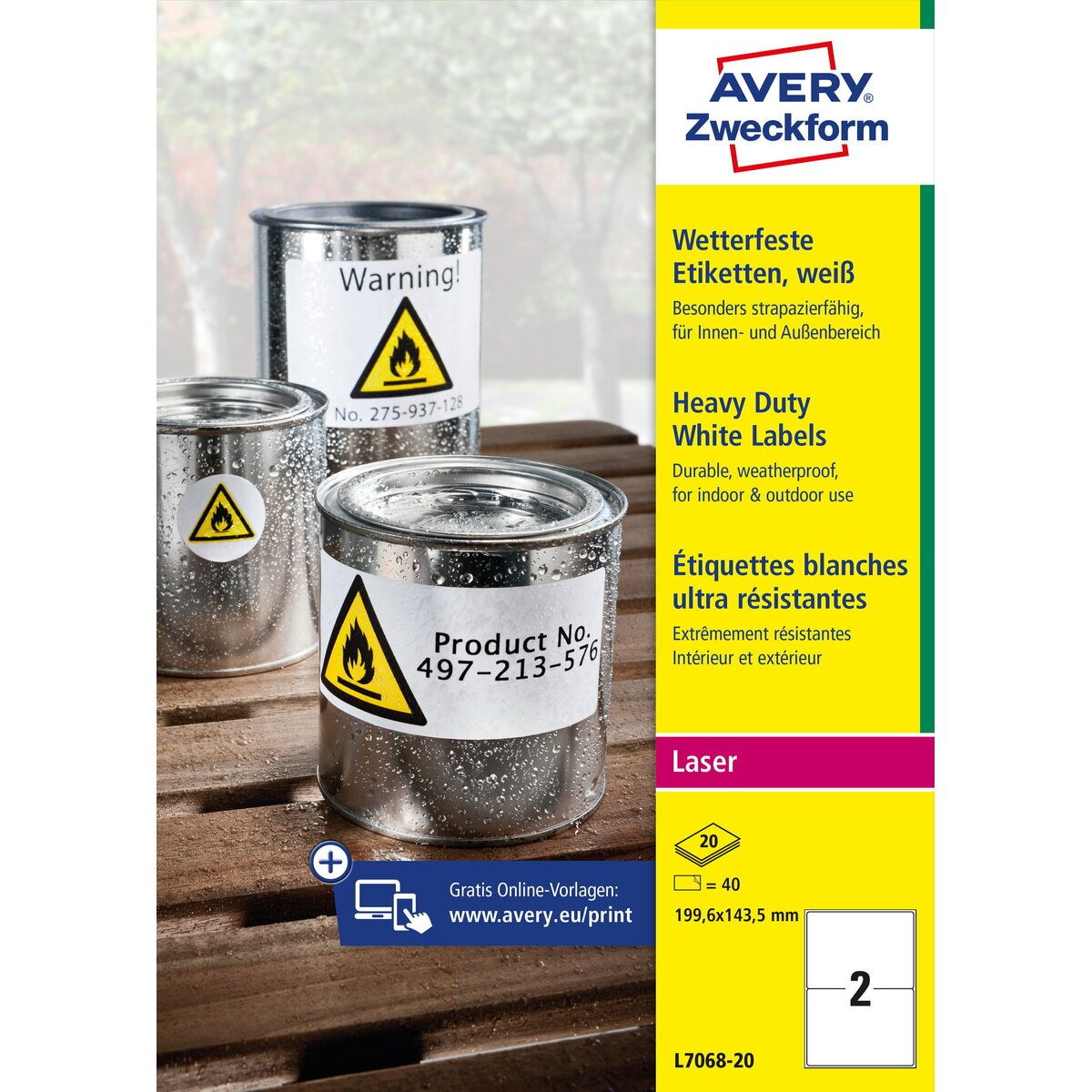 Etiketten Etikett 199,6x143,5mm A4 LC wetterfest weiß 20 Blatt 20 Stück