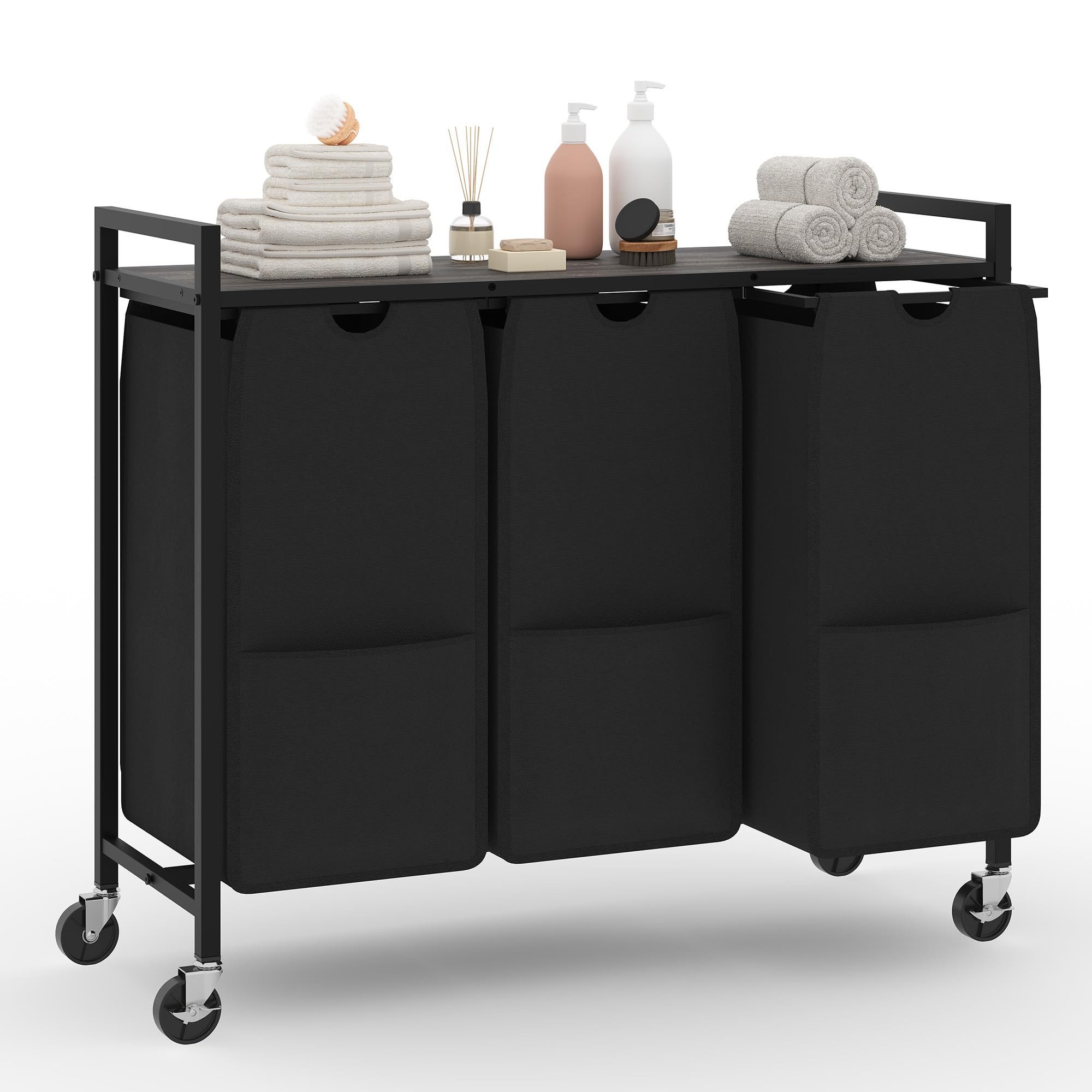 GarveeMore Wäschekorb 3 Fächer Wäschesammler mit Ablage, Wäschesack Abnehmbar, 84x30x77cm