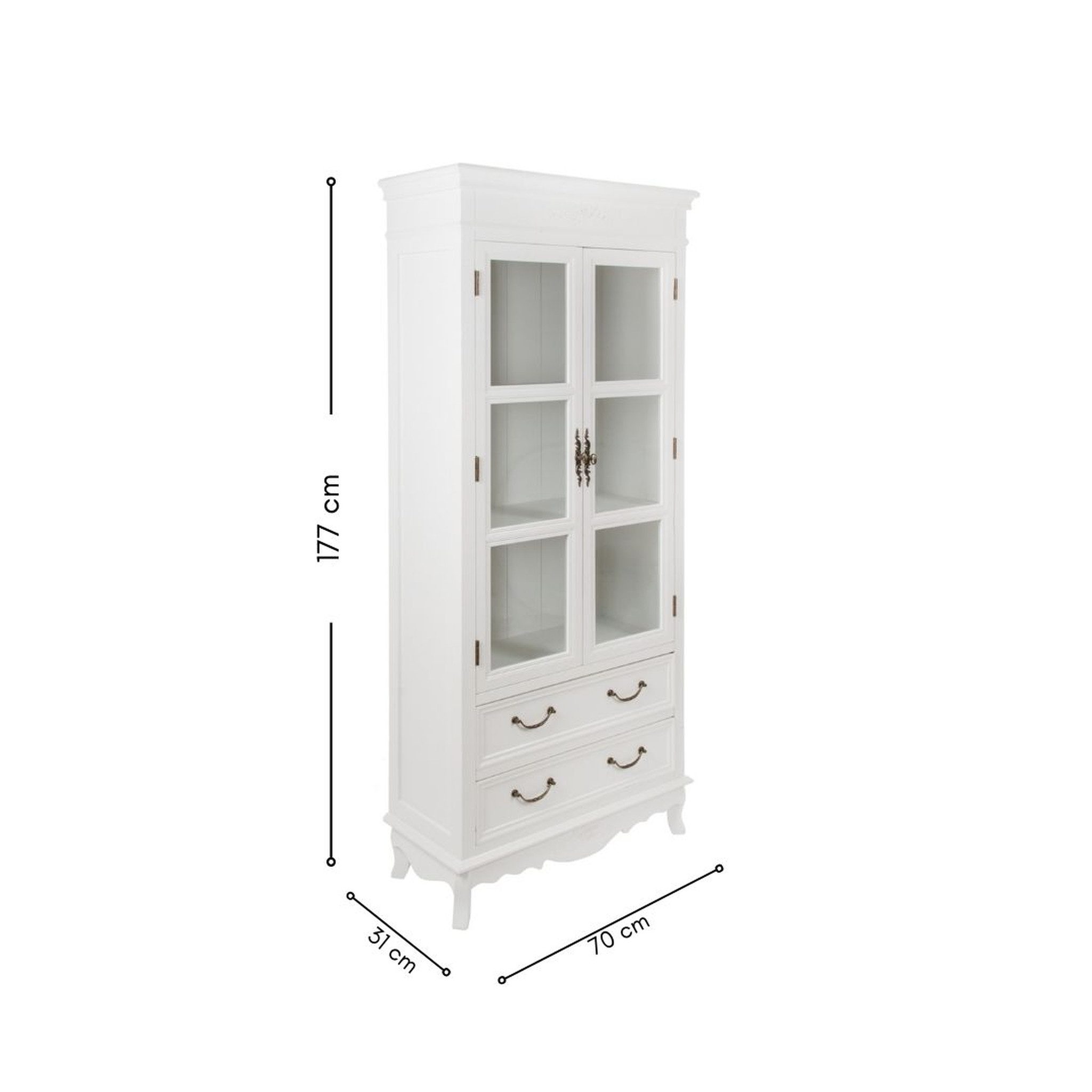 Wohnando Vitrine Großer Vitrinenschrank "Melody", Holz, 31x70x177 cm, Hochschrank, weiß mit 2 Glastüren, 2 Schubladen, Shabby, Wohnzimmer, Hochschrank