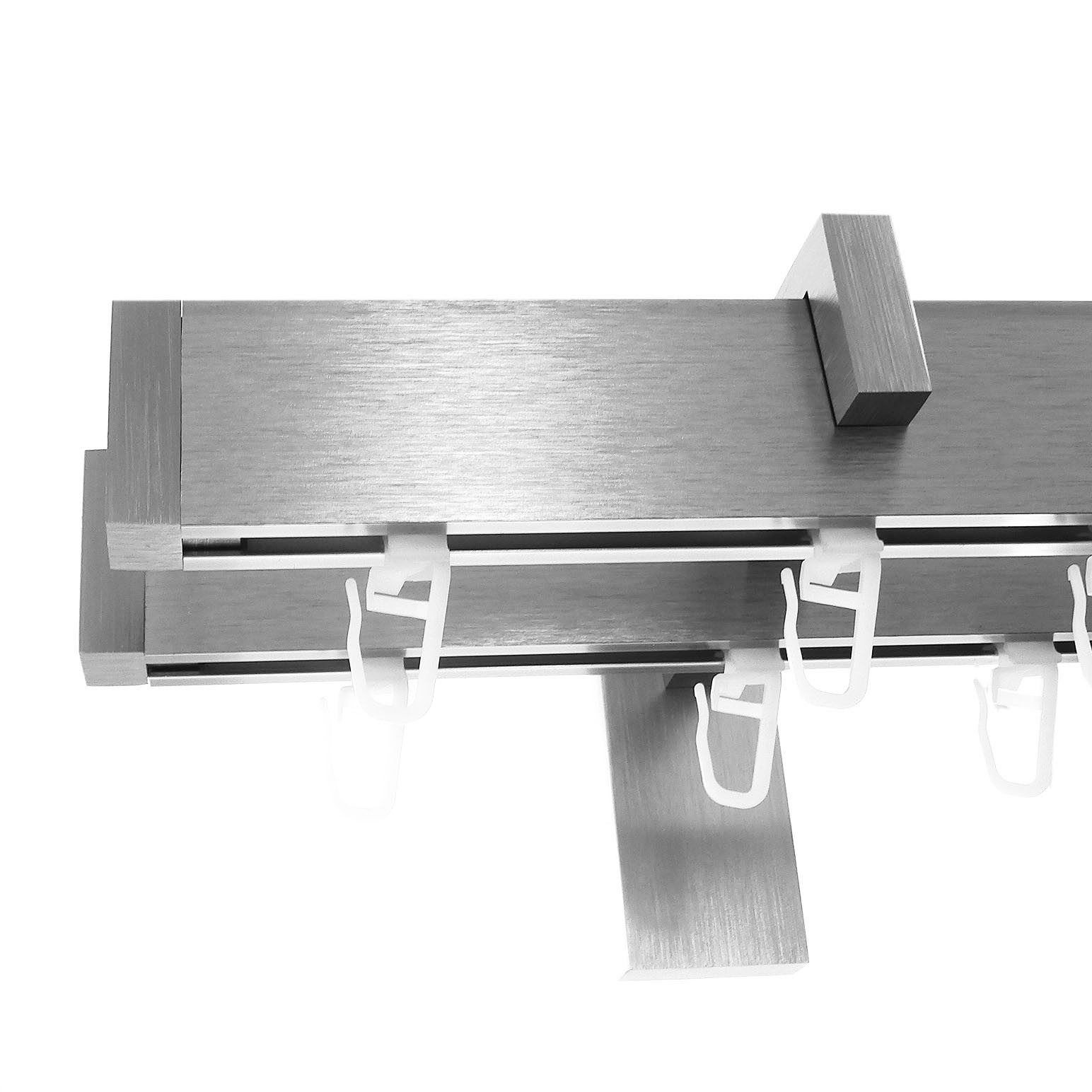 BASIT Gardinenstange eckig Innenlauf Edelstahloptik 30x14 mm mit Wandträgern 400 cm E90, Ø 30 mm, 2-läufig, verschraubt, Aluminium, H95 400 cm E90 Kappe