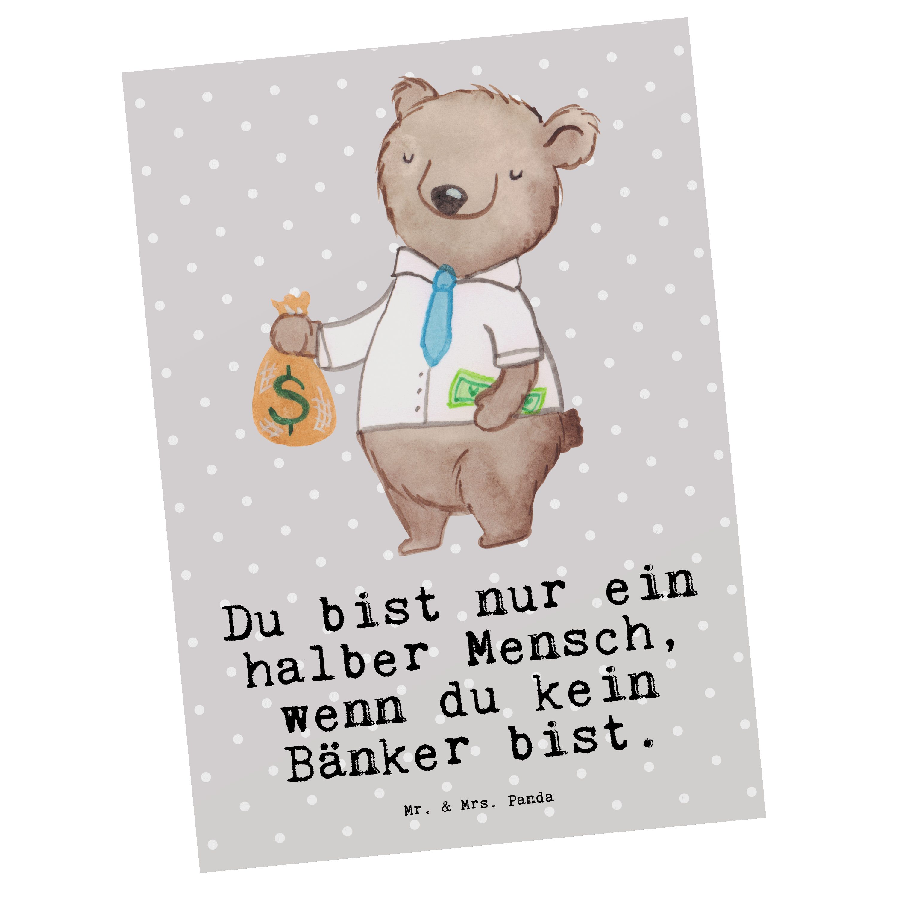 Mr. & Mrs. Panda Postkarte Bänker mit Herz - Grau Pastell - Geschenk, Einladung, Geschenkkarte