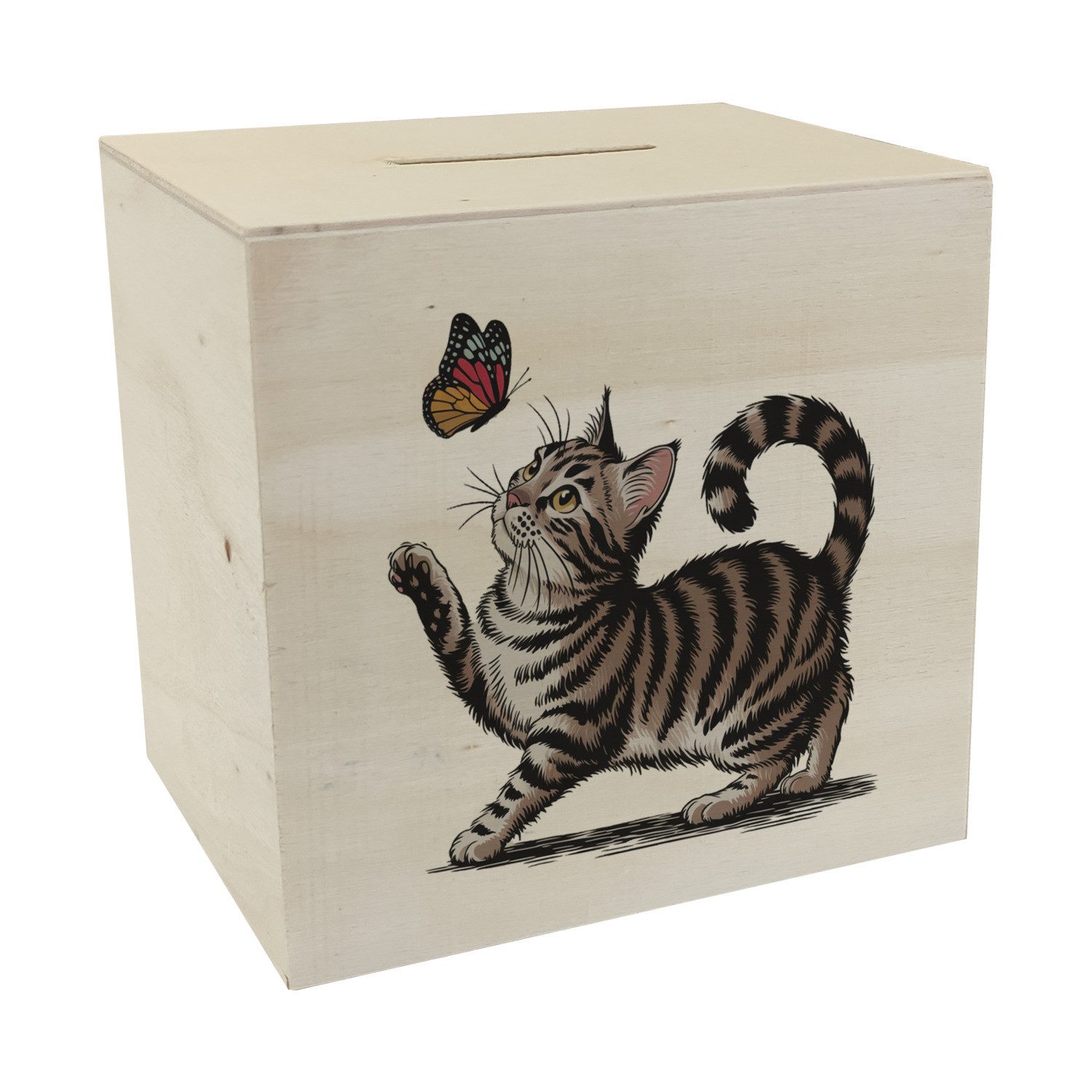 Spardose Katze mit Schmetterling Spardose aus Holz für Tierliebhaber