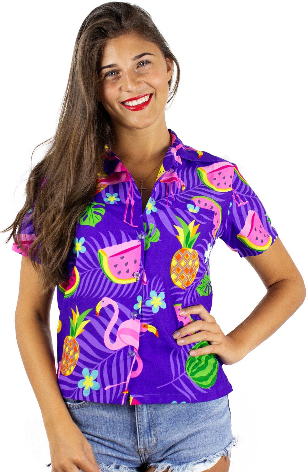 King Kameha Hawaiihemd Flamingo Melone Funky Hawaiibluse Damen Kurzarm Front-Tasche Stylish