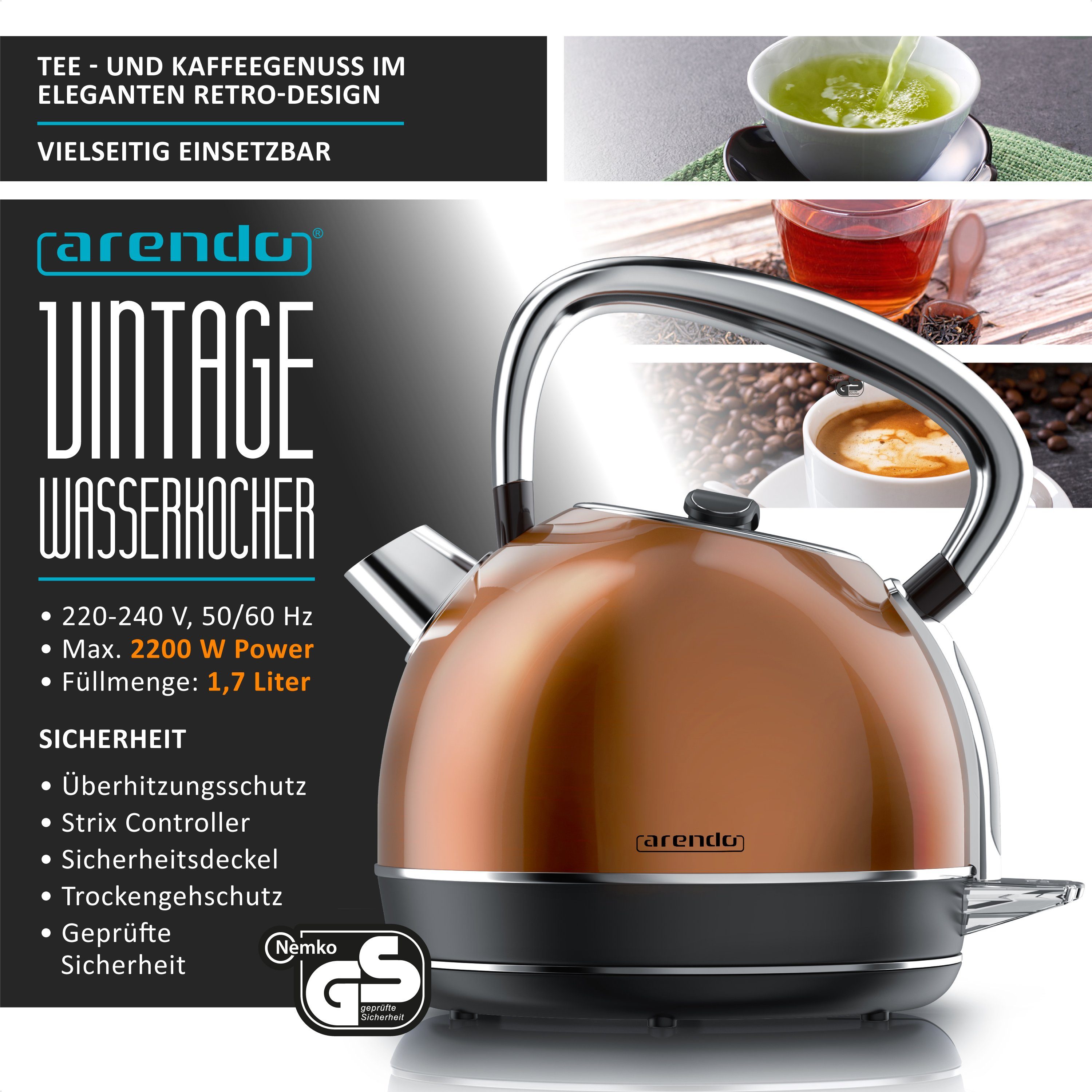 Arendo Frühstücks-Set Edelstahl Wasserkocher 1,7l, 2-Scheiben Langschlitz Toaster, kupfer (2-tlg), Vintage Wasserkocher Temperatureinstellung, Toaster Brötchenaufsatz