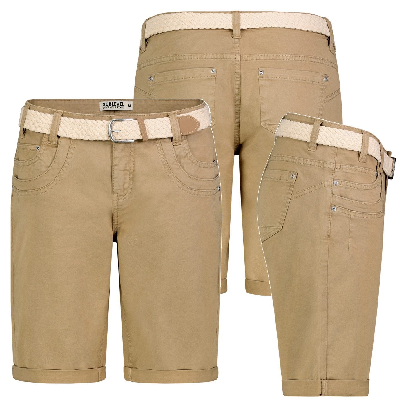 SUBLEVEL Bermudas Damen Short Bermuda kurze Hose Sommer Chino Short Stoff Hose Gürtel