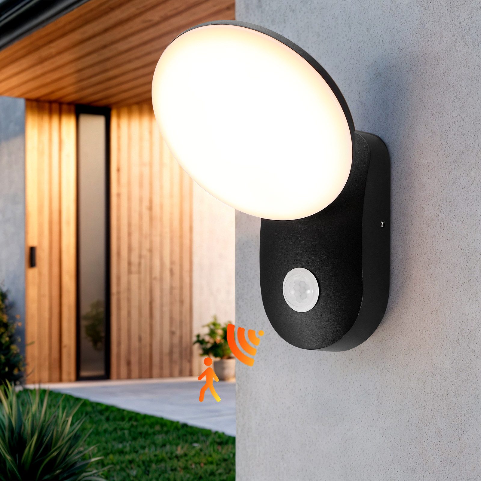 BlingBin LED Außen-Wandleuchte LED Aussenlampe mit Bewegungsmelder, Wandlampe, 12W Wandleuchte, Wasserdichte, LED fest integriert, Warmweiß, Aluminium Außenleuchte für Garten Terrasse Eingang, Schwarz