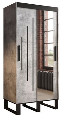 Feldmann-Wohnen Schiebetürenschrank Loft (Loft, 1-St) Breite wählbar beton / schwarz mit Zierleisten, Spiegel und Schubladen