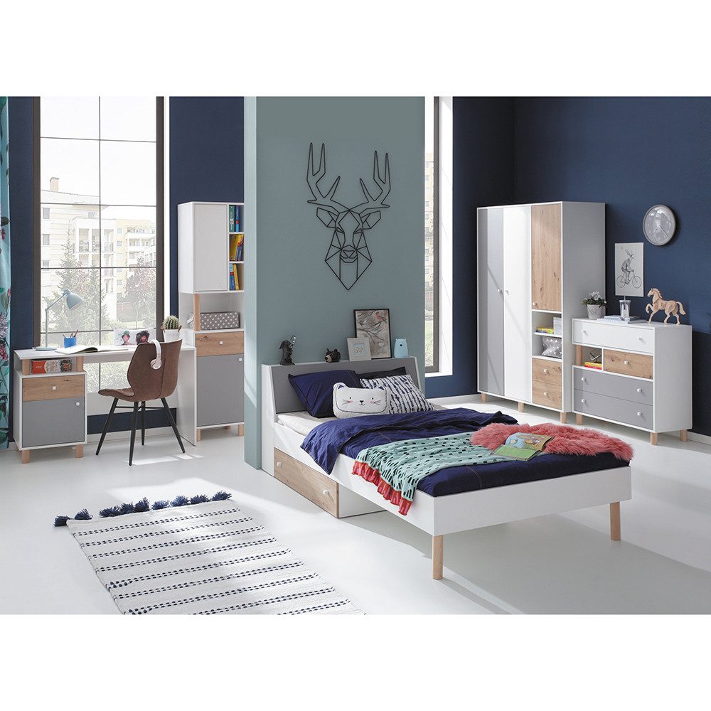 Lomadox Kommode FAIRFAX-133, Sideboard 90cm, in weiß mit Eiche und grau