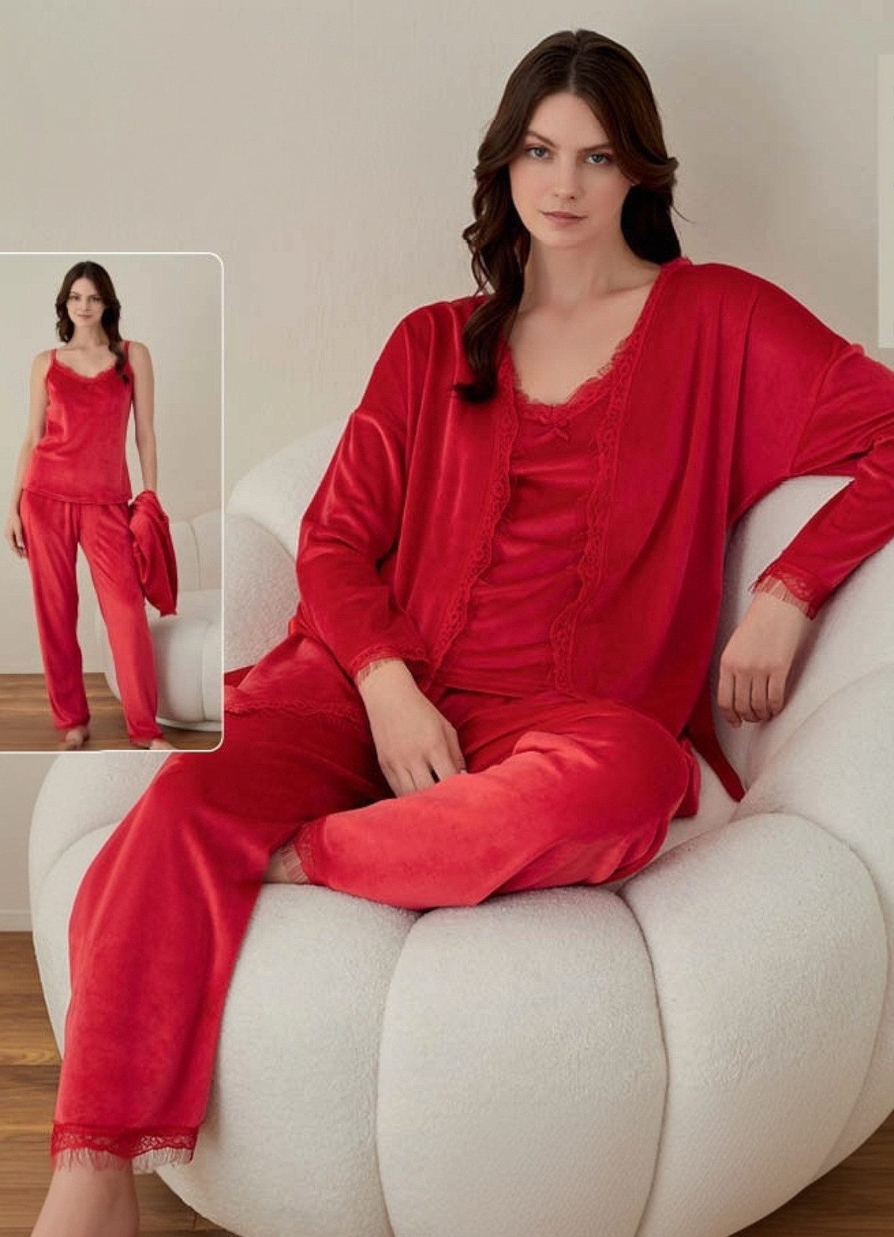 fashionshowcase Hausanzug 3 teiliger Pyjama Schlafanzug mit Morgenmantel 100% Samt