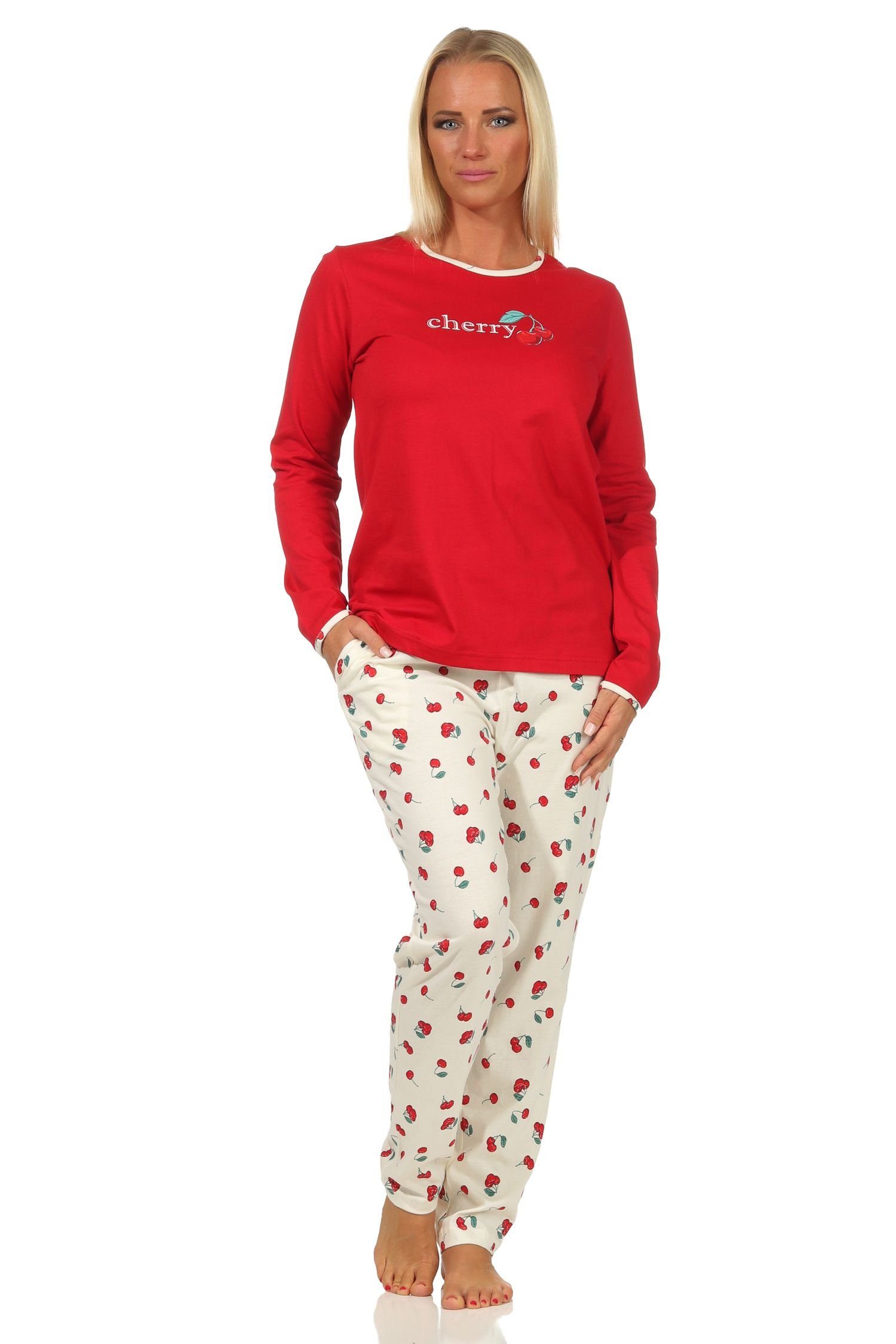 Normann Pyjama Süsser Damen Schlafanzug langarm Pyjama mit Kirschen als Motiv