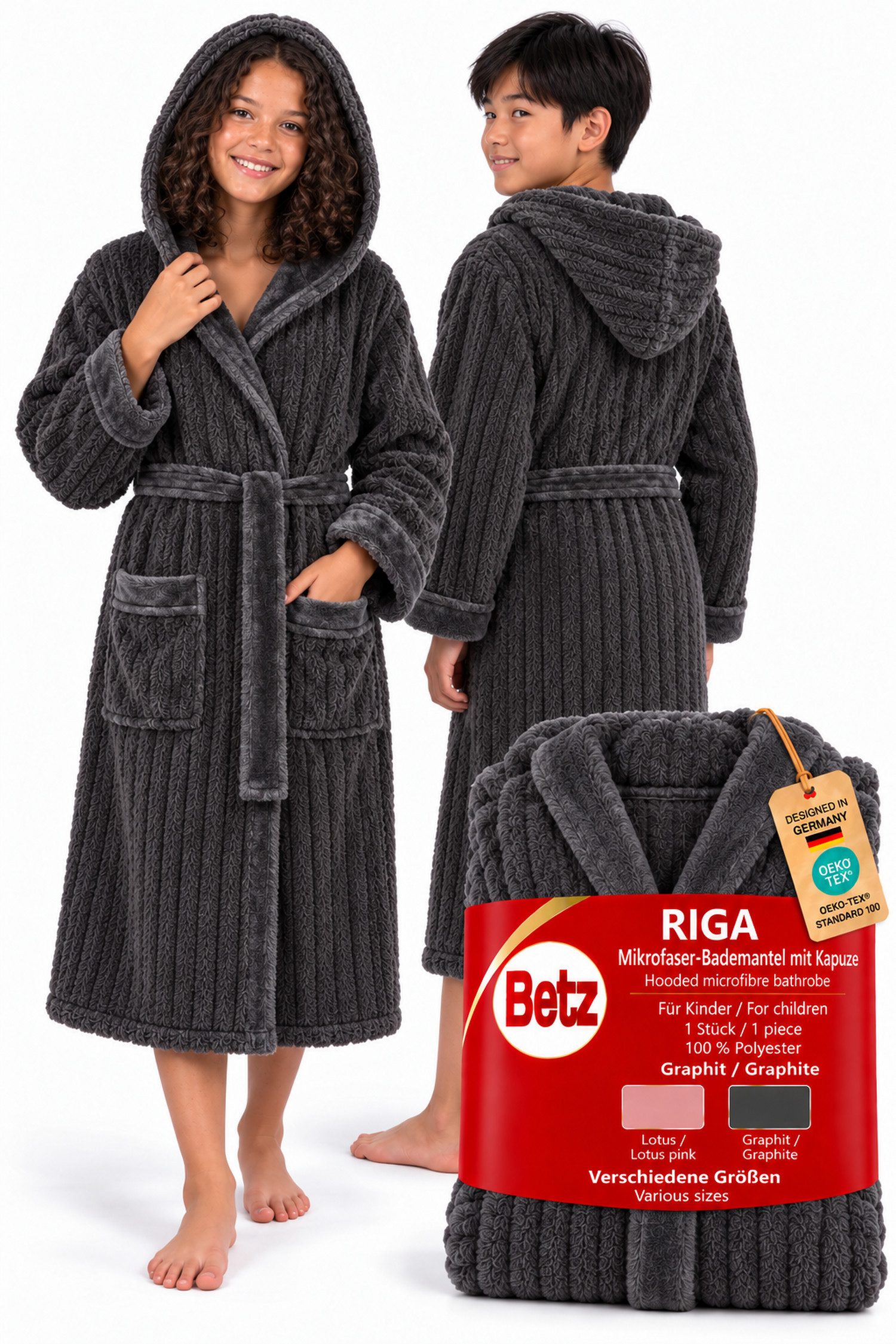 Betz Bademantel Bademantel Microfaser mit Kapuze - RIGA - für Herren Damen und Kinder, Gürtel