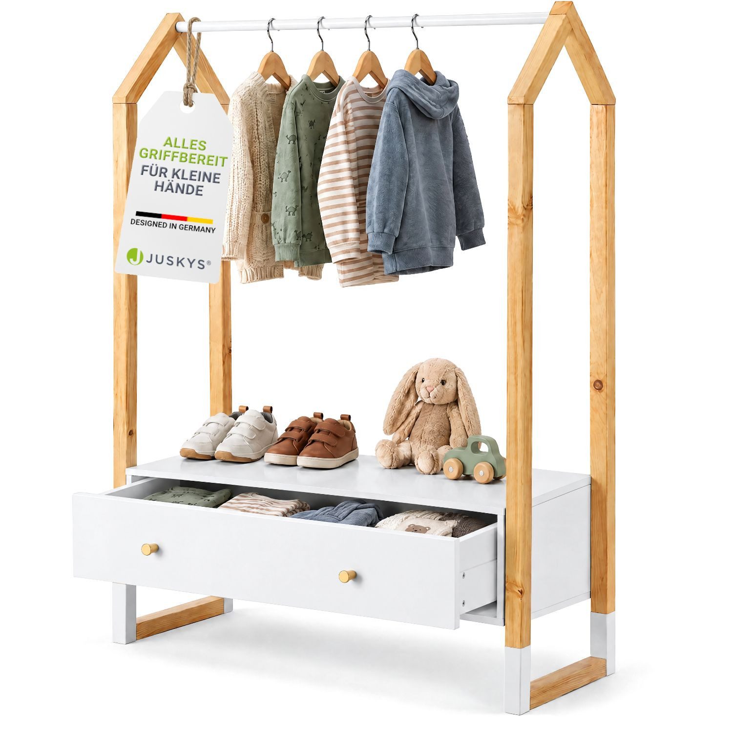Juskys Kleiderständer Filla, Kleiderstange für Kinder, natürliches Design für das Kinderzimmer