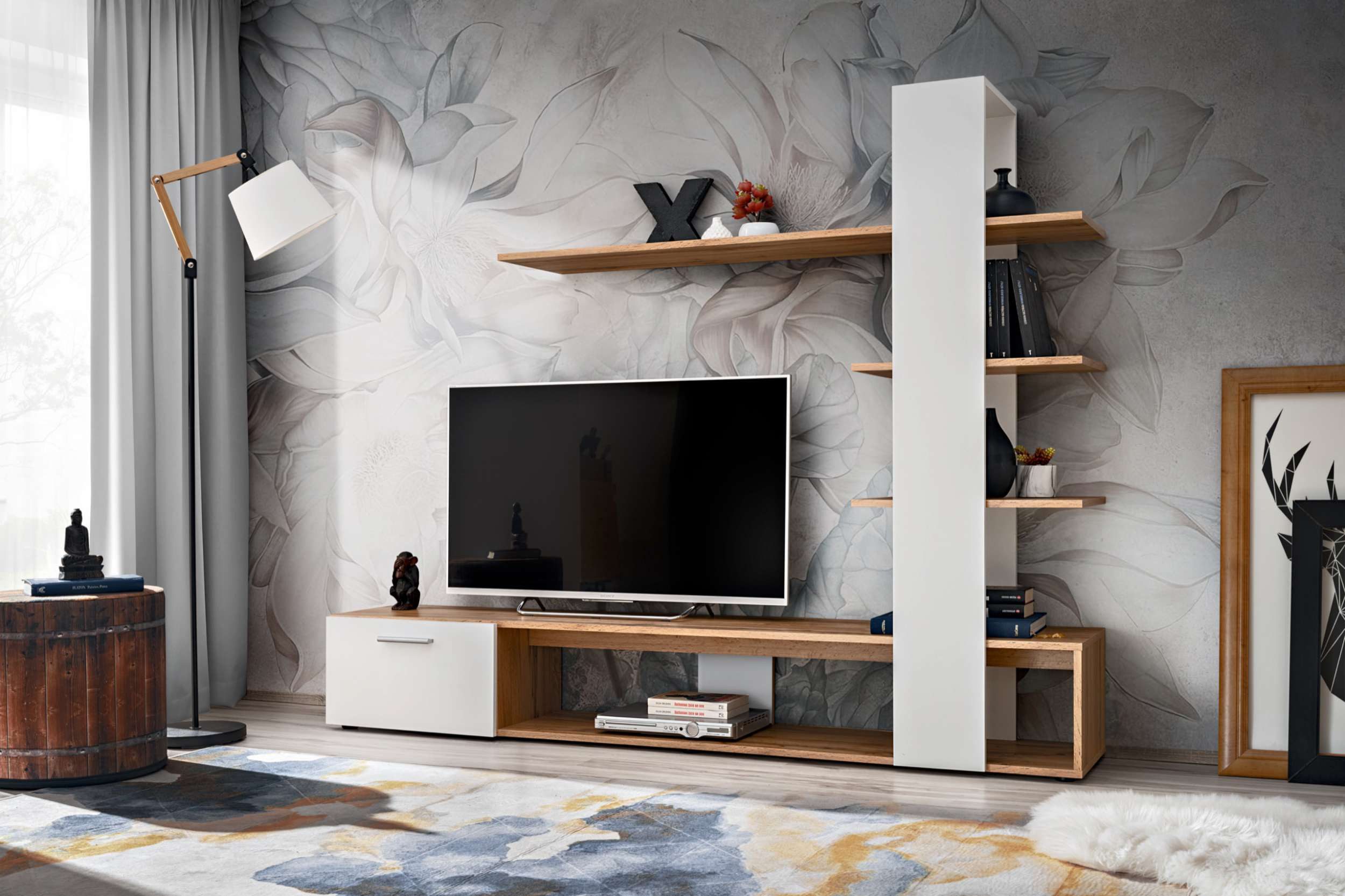 99rooms Wohnwand Emo, (Set (2 St), Wohnzimmer-Set, Komplettset), 1×TV-Lowboard, 1×Wandpanel mit 3×Wandboard
