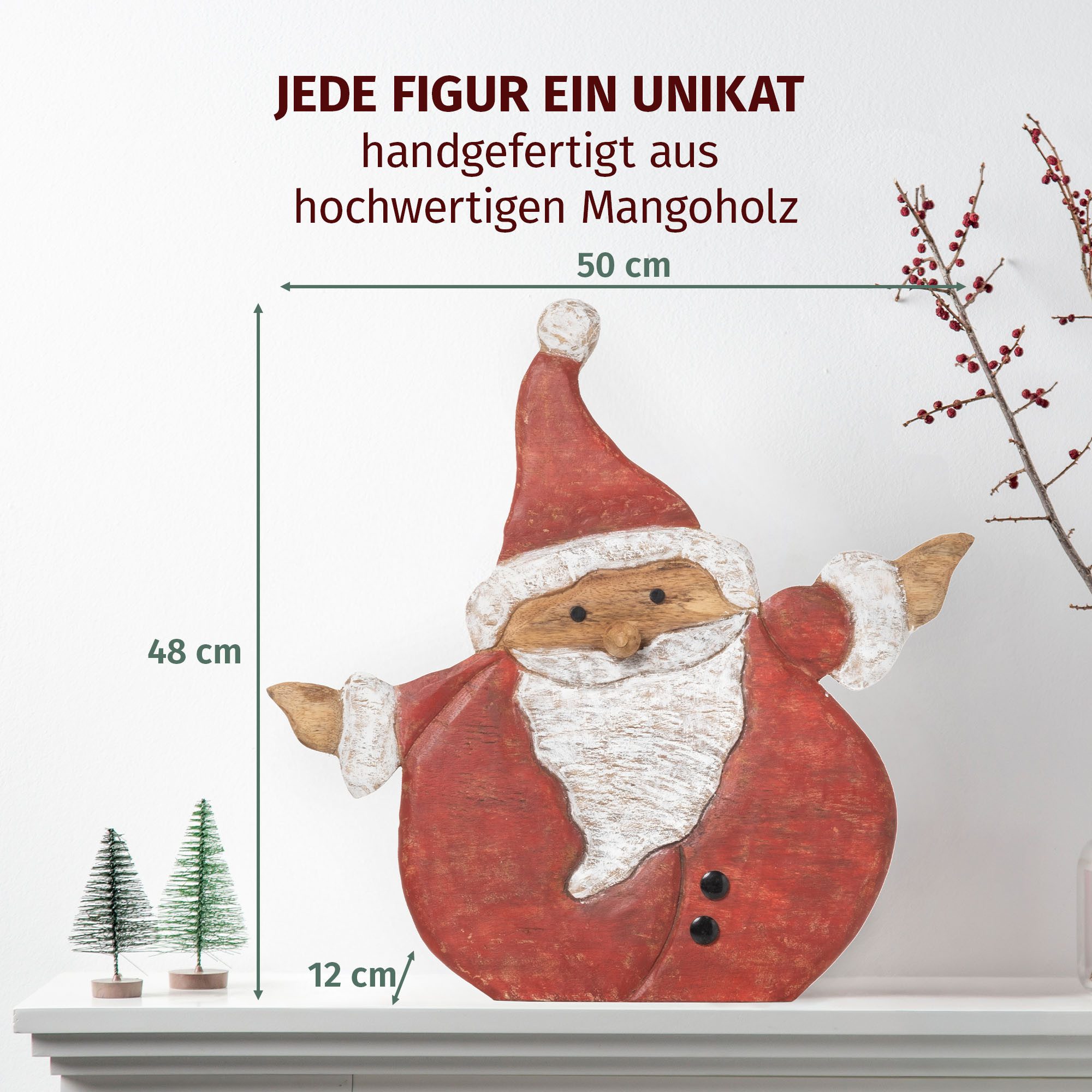Moritz Skulptur Weihnachtsdeko Weihnachtsmann 50 cm aus Mangoholz handbemalt, Holz, Tischdeko, Fensterdeko, Wanddeko, Holzdeko, Weihnachtsdeko