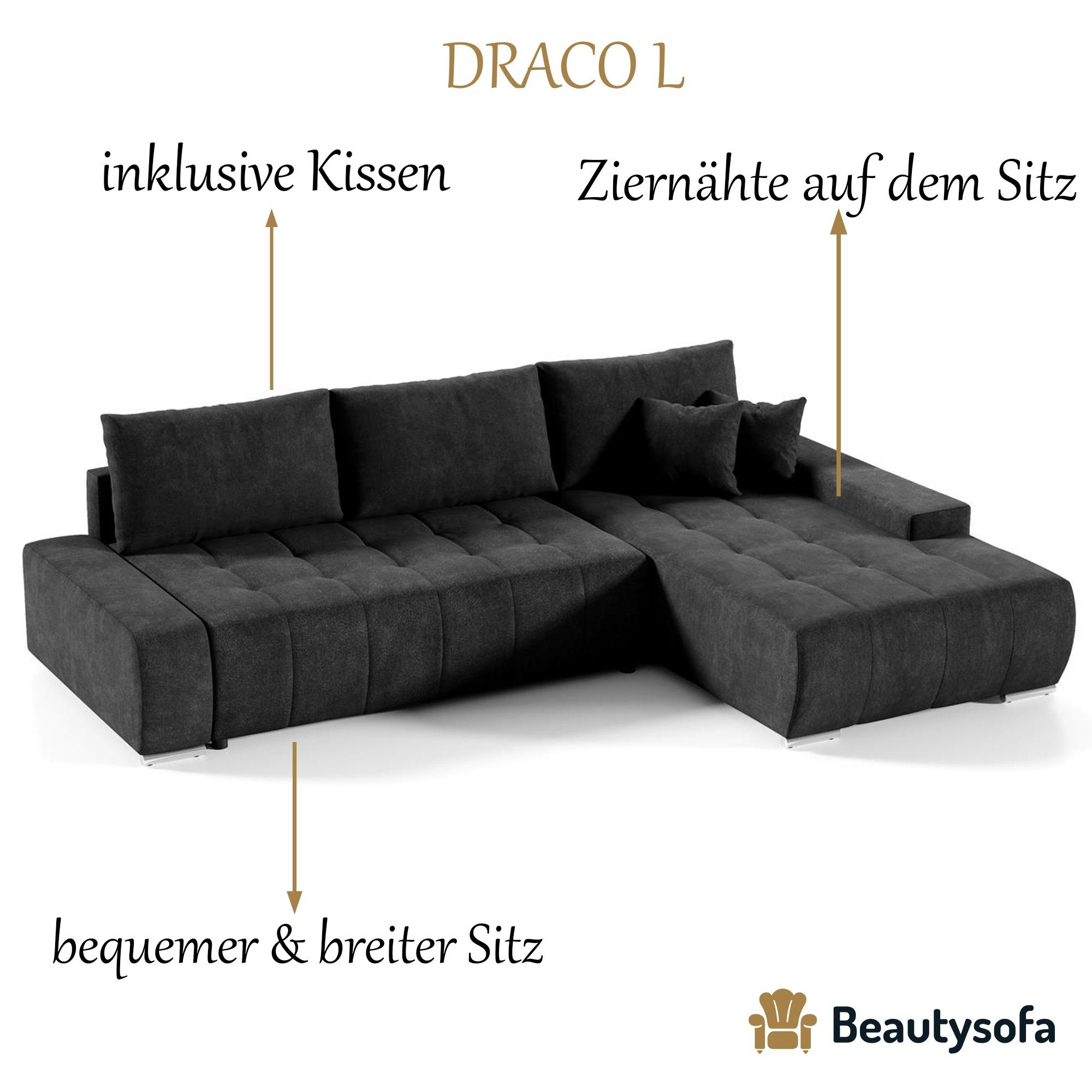 Bettkasten 18) Anthrazit DRACO Beautysofa Ecksofa mit Wohnzimmer Schlaffunktion, Couch Sofa Ecksofa (aston