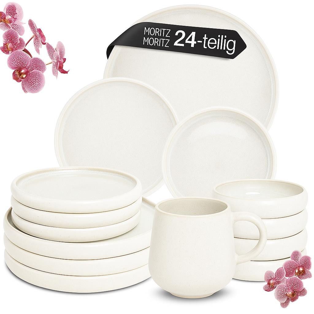 Moritz & Moritz Tafelservice SOLID UNI Geschirrset Creme mit Tassen (24-tlg), 6 Personen, Steinzeug, Kombigeschirr für 6 Personen