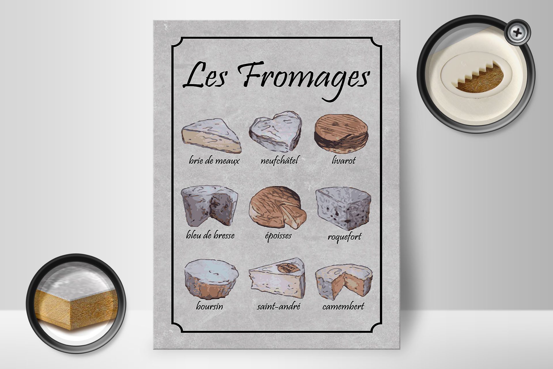 Femer GmbH Holzbild Essen 30x40 cm 9 französische Käsesorten Les Fromages, (1 St), Glatte Holzfaserplatte (MDF), vorn beschichtet