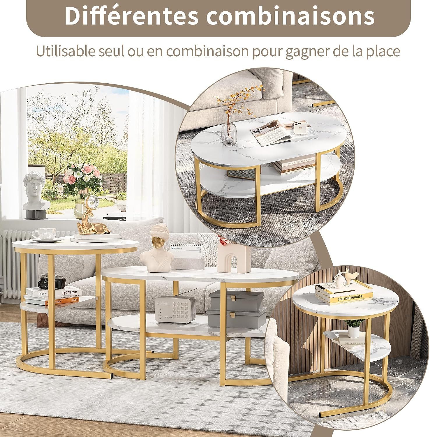Simurq Couchtisch 2‑er Set ovale Satztische, Marmor‑Optik mit Stauraum – Bild 5 von 5