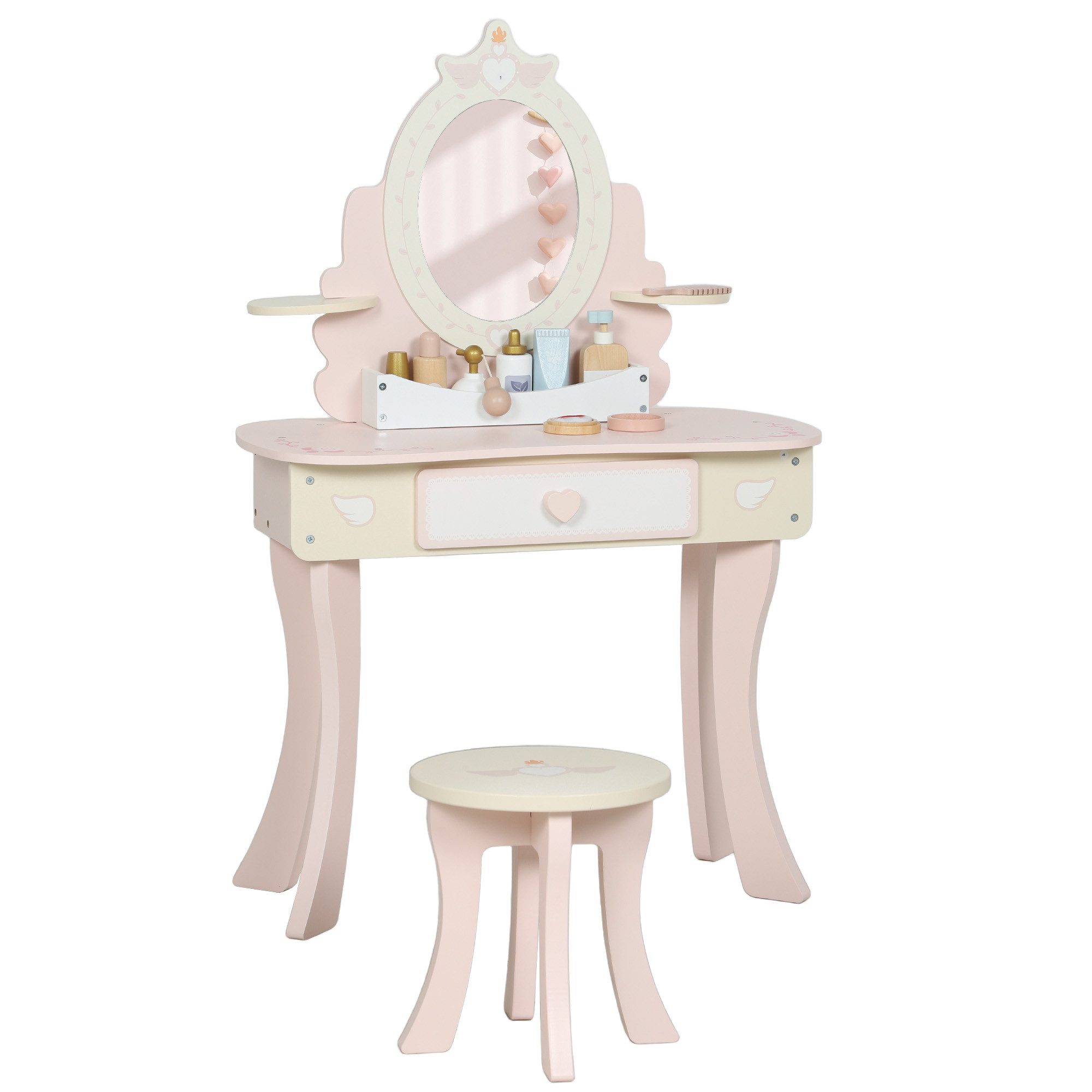 AIYAPLAY Schminktisch mit Hocker, Schublade, abnehmbar Spiegel, Regal, 7 Spielzubehörteilen (Frisiertisch, 2-St., 2-in-1-Kosmetiktisch), für Kinder ab 3 Jahre, Rosa
