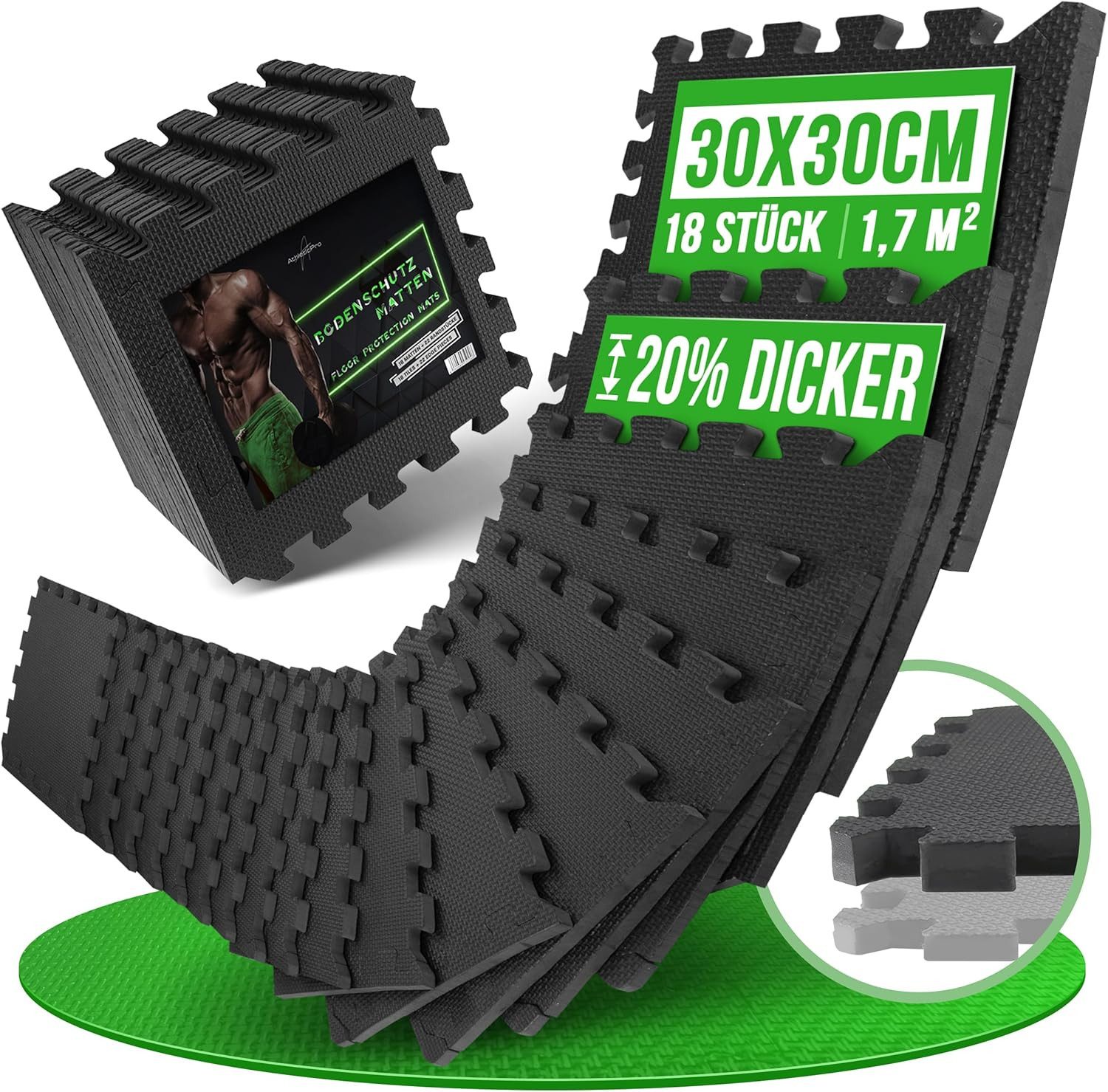 AthleticPro Bodenmatte Fitness [30x30cm] - extra dicke Schutzmatten, in verschiedene Sets (30x30x1,2cm), Rutschfest, leicht zu reinigen, EVA-Steckmatten